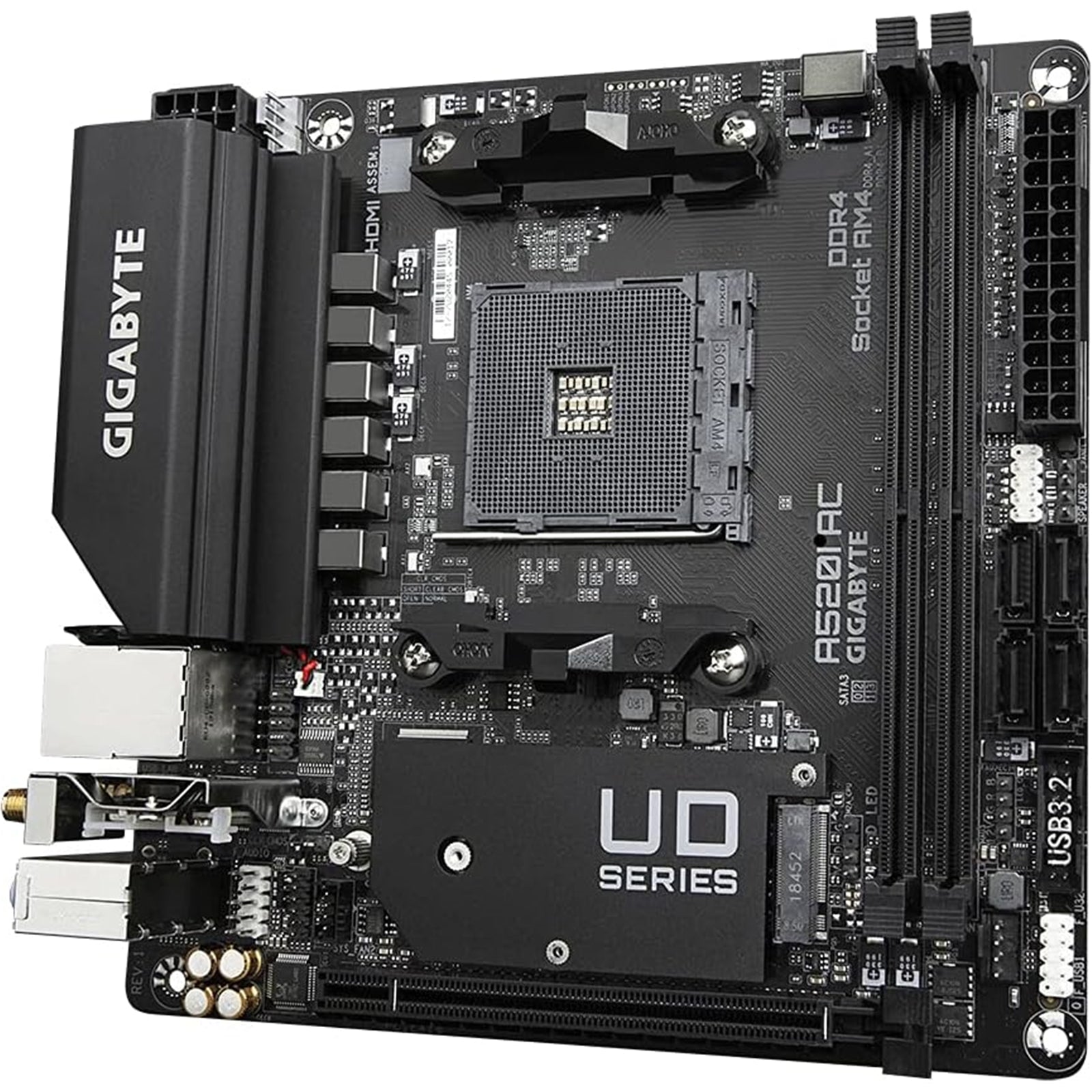 Gigabyte A520I AC Ultra Durable AMD AM4 Socket Motherboard, Mini-ITX, 2x DDR4 Slots, 1x M.2 Socket, GbE LAN, Wi-Fi 5, 1x Display Port 1.4 / 2x HDMI Ports