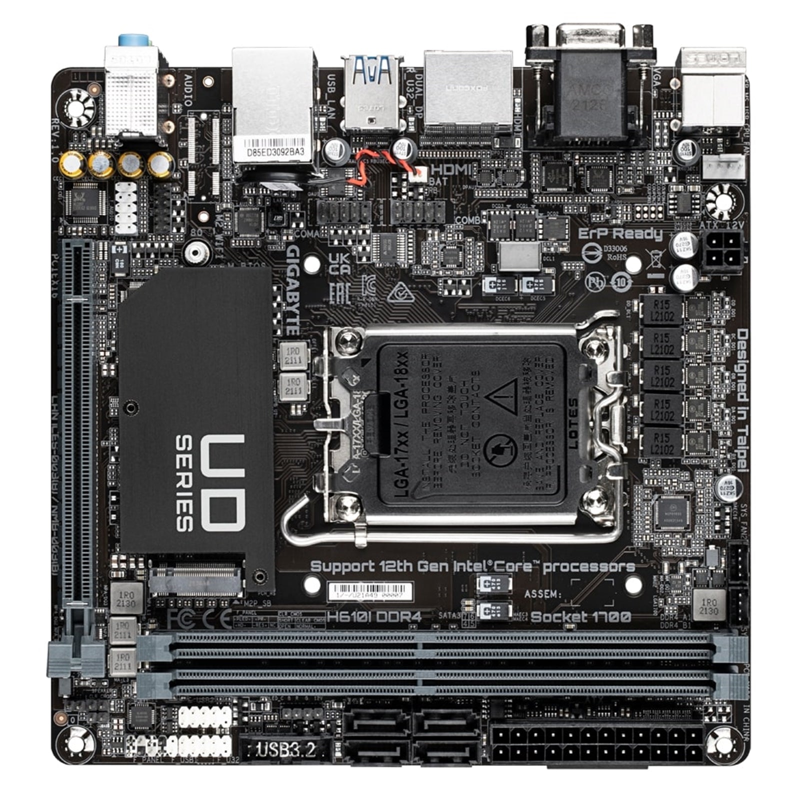 Gigabyte H610I DDR4 Ultra Durable Intel 1700 Socket Motherboard, Mini-ITX, 2x DDR4 Slots, 1x M.2 Socket, GbE LAN, 1x D-Sub / 2x DisplayPorts / 1x HDMI Port