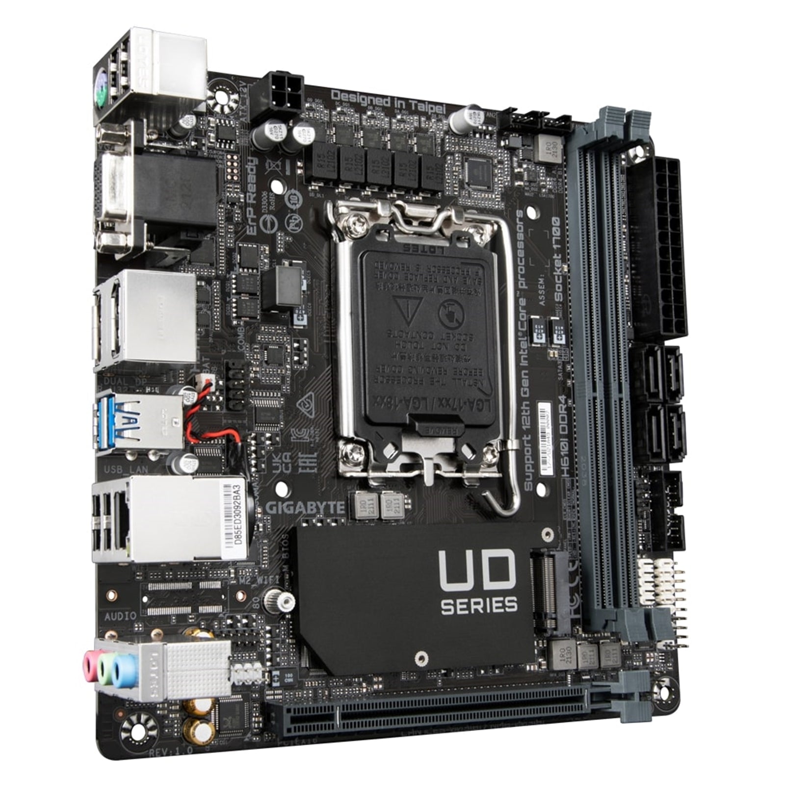 Gigabyte H610I DDR4 Ultra Durable Intel 1700 Socket Motherboard, Mini-ITX, 2x DDR4 Slots, 1x M.2 Socket, GbE LAN, 1x D-Sub / 2x DisplayPorts / 1x HDMI Port