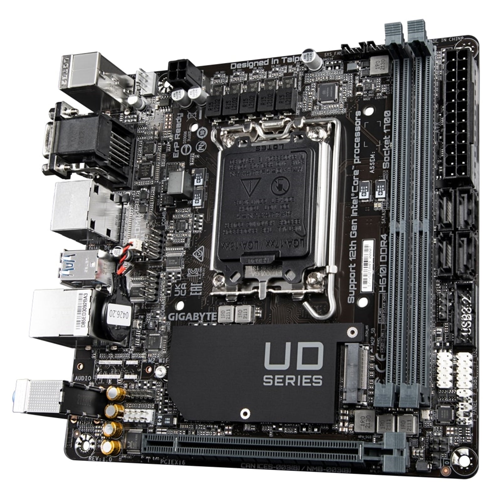 Gigabyte H610I DDR4 Ultra Durable Intel 1700 Socket Motherboard, Mini-ITX, 2x DDR4 Slots, 1x M.2 Socket, GbE LAN, 1x D-Sub / 2x DisplayPorts / 1x HDMI Port