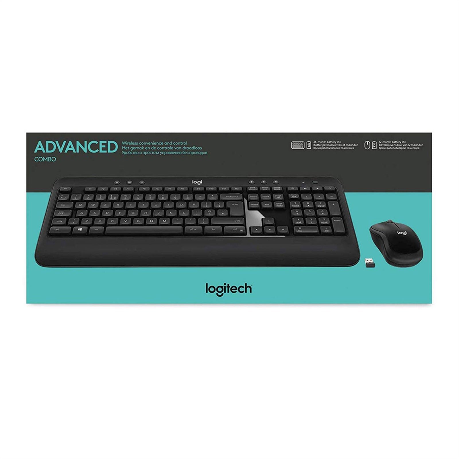 Logitech K540e Advanced Combo Wireless Keyboard and 3 Button Ambidextrous Scroll Mouse Unified Nano USB