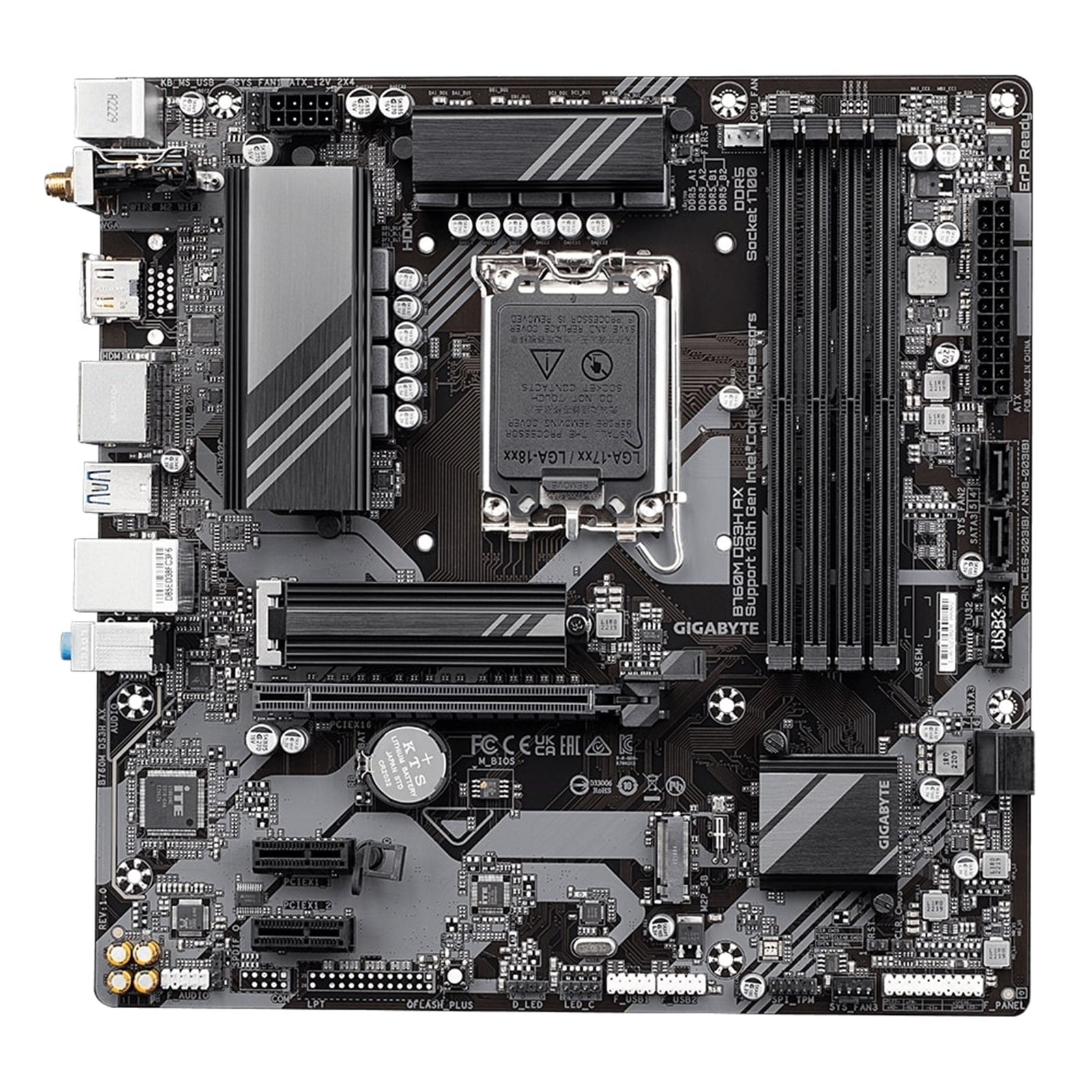 Gigabyte B760M DS3H AX Ultra Durable Intel 1700 Socket Motherboard, Micro-ATX, 4x DDR5 Slots, 2x M.2 Sockets, 1x USB-C Port, 2.5GbE LAN, Wi-Fi 6E, 2x DisplayPorts / 1x HDMI Port