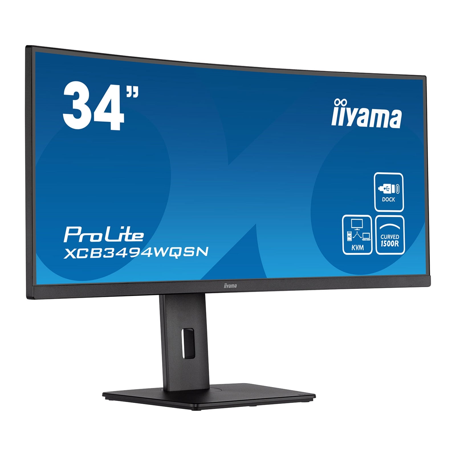 iiyama Prolite XCB3494WQSN-B5 34 inch Curved Monitor, USB-C Dock, RJ45 (LAN), KVM Switch, UWQHD, 0.4ms, HDMI, DisplayPort, USB-Hub, USB-C, 120Hz, Freesync, Speakers, Black, Internal PSU, VESA, Height Adjust, Pivot