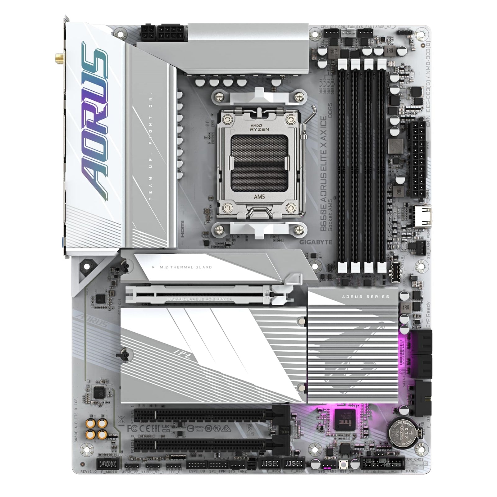 Gigabyte B650E AORUS ELITE X AX ICE AMD AM5 Socket Motherboard, ATX, 4x DDR5 Slots, 3x M.2 Sockets, 2x USB-C Port, Fitted I/O Shield, 2.5GbE LAN, Wi-Fi 6E, 2x HDMI Port / 1x USB-C