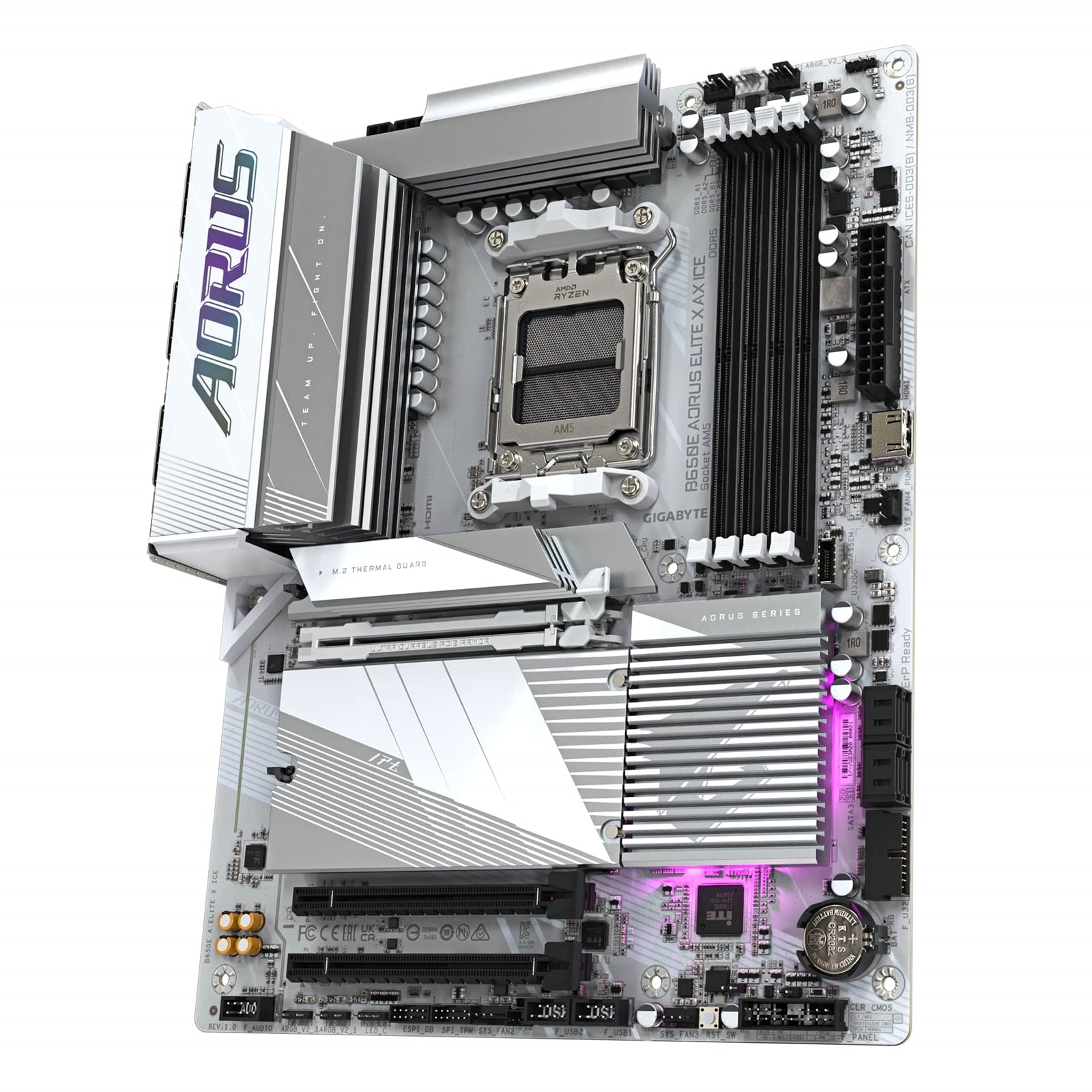 Gigabyte B650E AORUS ELITE X AX ICE AMD AM5 Socket Motherboard, ATX, 4x DDR5 Slots, 3x M.2 Sockets, 2x USB-C Port, Fitted I/O Shield, 2.5GbE LAN, Wi-Fi 6E, 2x HDMI Port / 1x USB-C