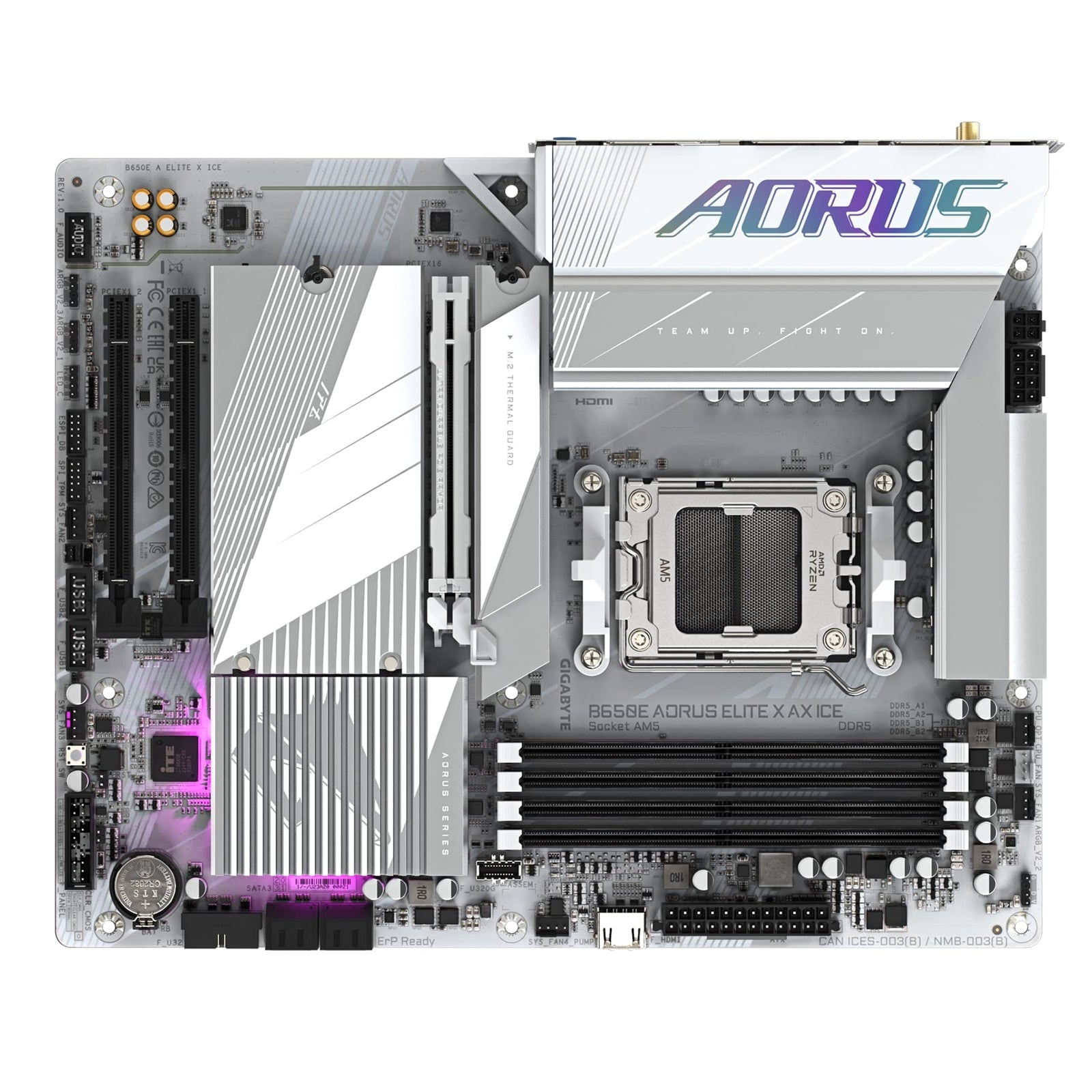 Gigabyte B650E AORUS ELITE X AX ICE AMD AM5 Socket Motherboard, ATX, 4x DDR5 Slots, 3x M.2 Sockets, 2x USB-C Port, Fitted I/O Shield, 2.5GbE LAN, Wi-Fi 6E, 2x HDMI Port / 1x USB-C