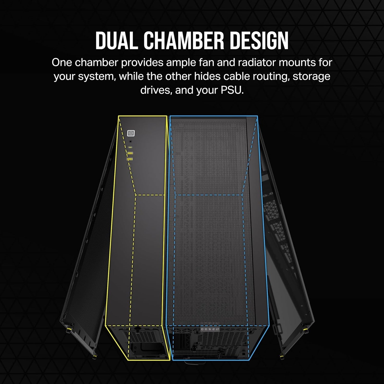 Corsair 2500X Dual Chamber Gaming Case w/ Glass Side & Front, Micro ATX, Mesh Panels, USB-C, Asus BTF Compatible, Black