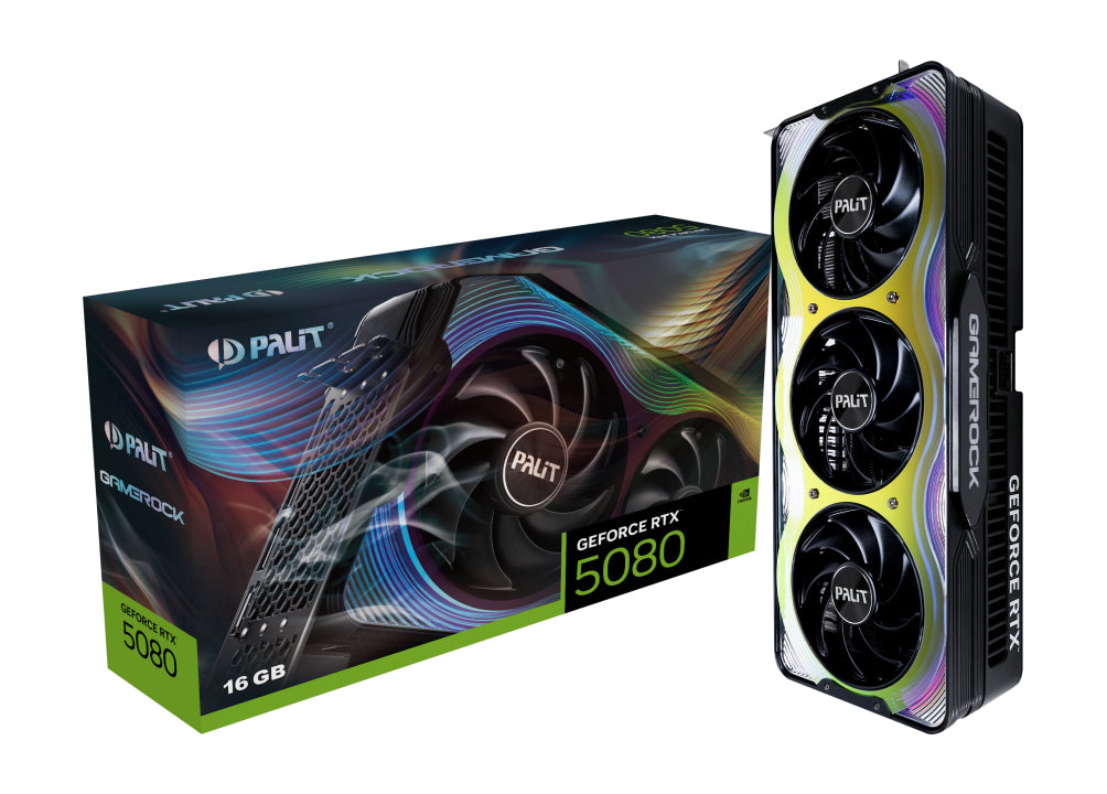 Palit GameRock RTX5080, PCIe5, 16GB DDR7, HDMI, 3 DP, 2617Mhz Clock, RGB Lighting