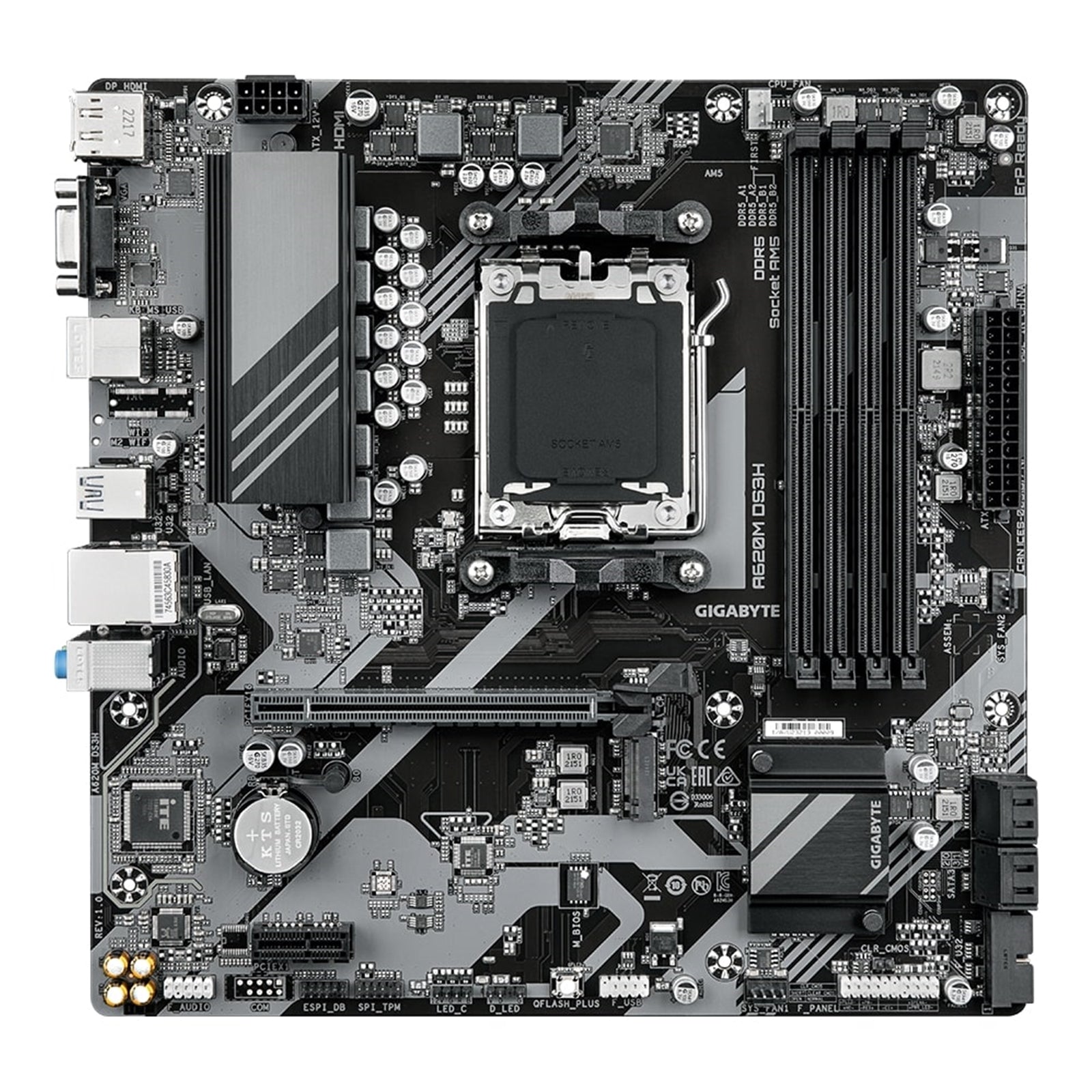 Gigabyte A620M DS3H Ultra Durable AMD AM5 Socket Motherboard, Micro-ATX, 4x DDR5 Slots, 1x M.2 Socket, 1x USB-C Port, GbE LAN, 1x D-Sub / 1x DisplayPort / 1x HDMI Port