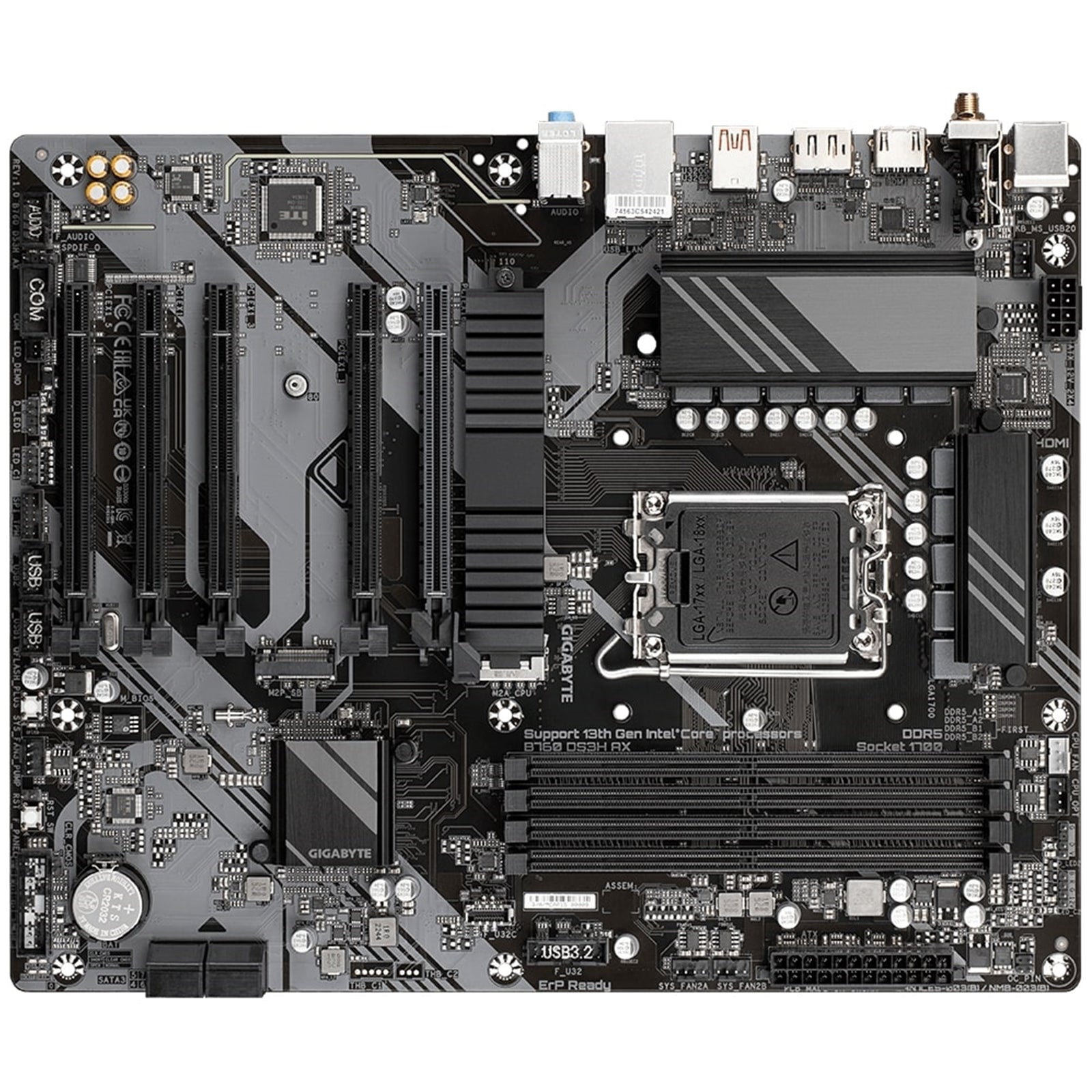 Gigabyte B760 DS3H AX Ultra Durable Intel 1700 Socket Motherboard, ATX, 4x DDR5 Slots, 2x M.2 Sockets, 2x USB-C Port, Fitted I/O Shield, GbE LAN, Wi-Fi 6E, 1x DisplayPort / 1x HDMI Port