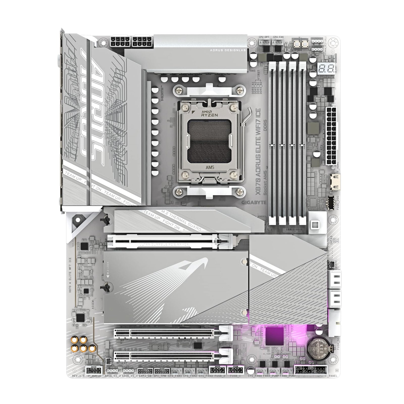 Gigabyte X870 AORUS ELITE WIFI7 ICE AMD AM5 Socket Motherboard, ATX, 4x DDR5 Slots, 4x M.2 Sockets, Fitted I/O Shield, 2.5GbE LAN, Wi-Fi 7, 1x HDMI Port / 2x USB-C (USB4)