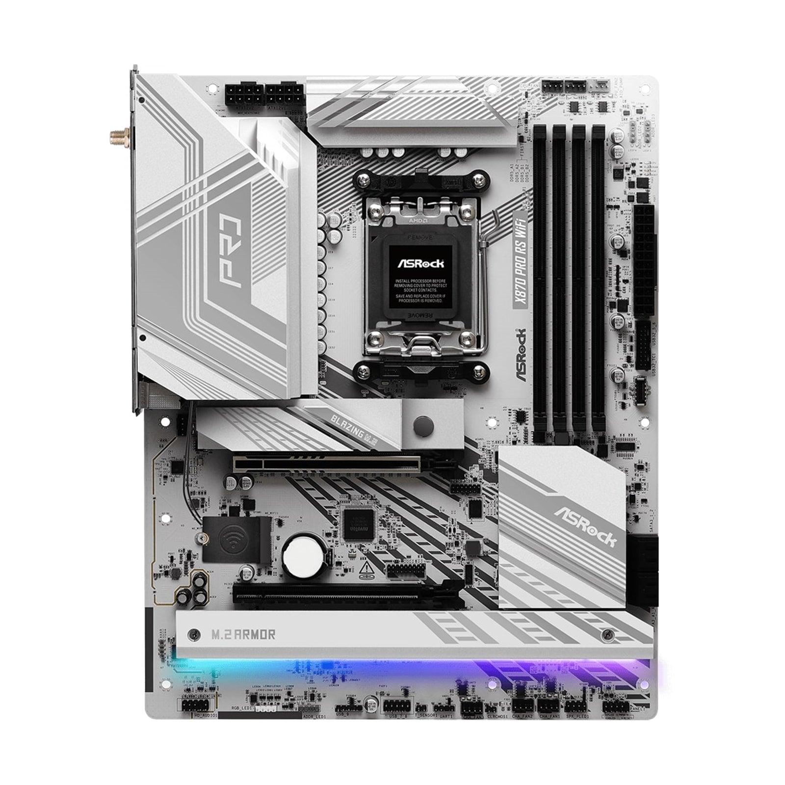 ASRock X870 PRO RS WIFI AMD AM5 Socket Motherboard, ATX, 4x DDR5 Slots, 3x M.2 Sockets, 3x USB-C Port, Fitted I/O Shield, 2.5GbE LAN, Wi-Fi 7, 1x HDMI Port / 2x USB-C (USB4)