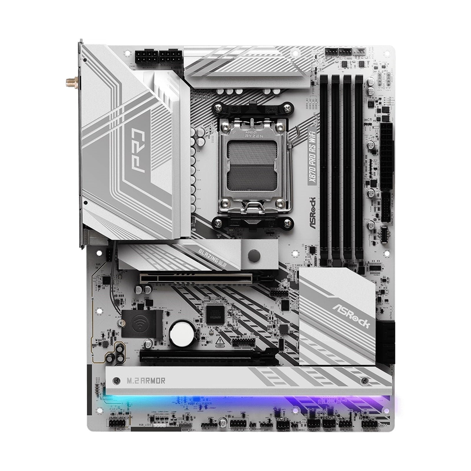 ASRock X870 PRO RS WIFI AMD AM5 Socket Motherboard, ATX, 4x DDR5 Slots, 3x M.2 Sockets, 3x USB-C Port, Fitted I/O Shield, 2.5GbE LAN, Wi-Fi 7, 1x HDMI Port / 2x USB-C (USB4)