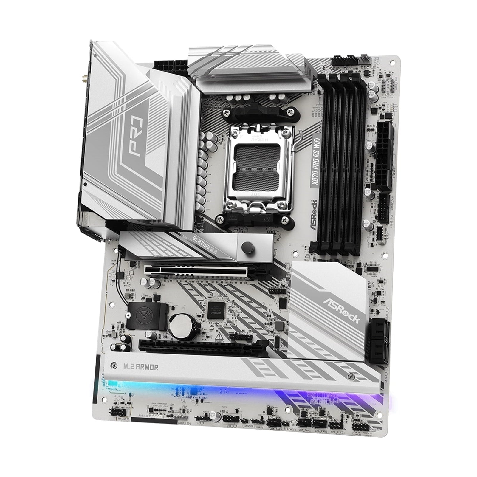 ASRock X870 PRO RS WIFI AMD AM5 Socket Motherboard, ATX, 4x DDR5 Slots, 3x M.2 Sockets, 3x USB-C Port, Fitted I/O Shield, 2.5GbE LAN, Wi-Fi 7, 1x HDMI Port / 2x USB-C (USB4)