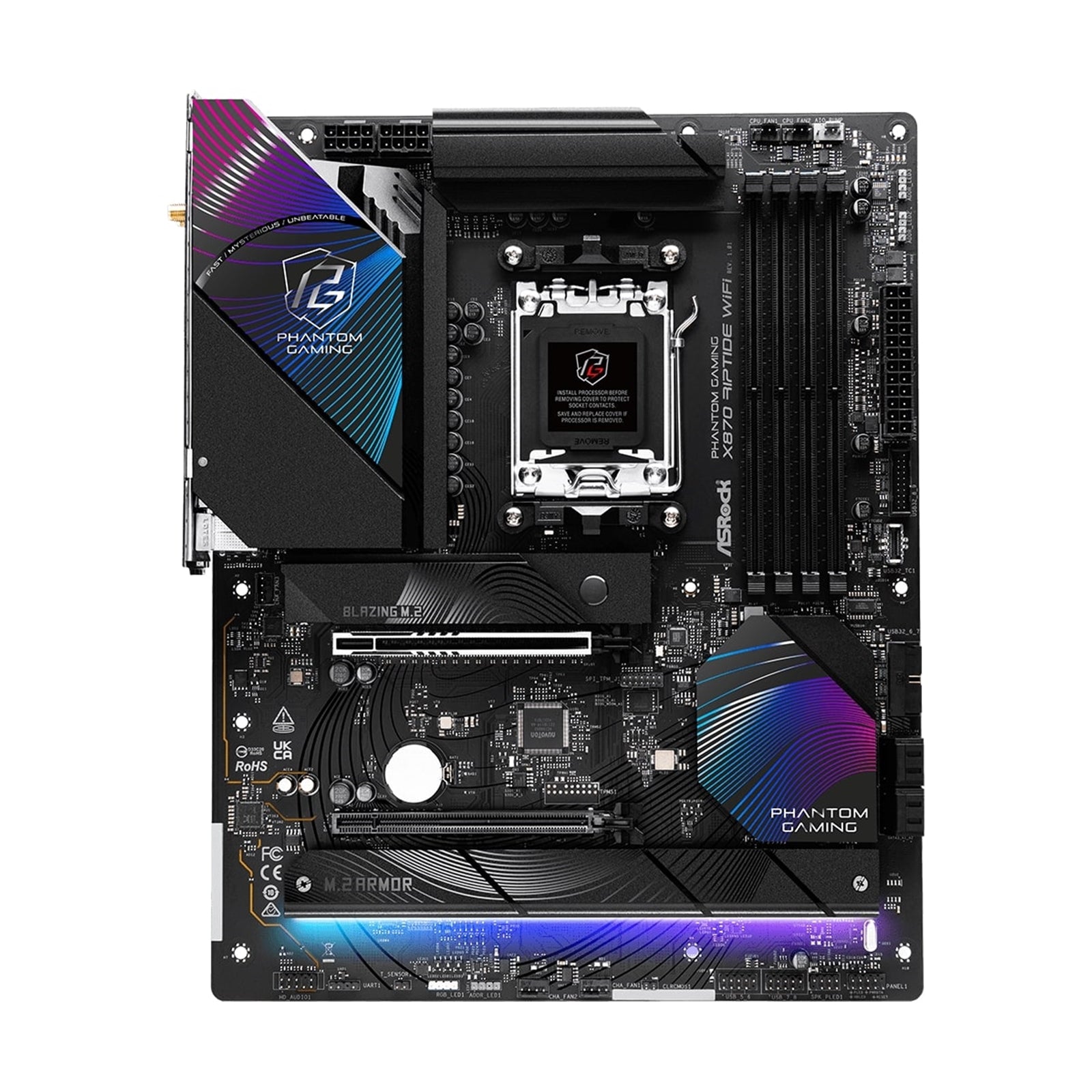 ASRock X870 RIPTIDE WIFI PHANTOM GAMING AMD AM5 Socket Motherboard, ATX, 4x DDR5 Slots, 3x M.2 Sockets, 3x USB-C Port, Fitted I/O Shield, 2.5GbE LAN, Wi-Fi 7, 1x HDMI Port / 2x USB-C (USB4)