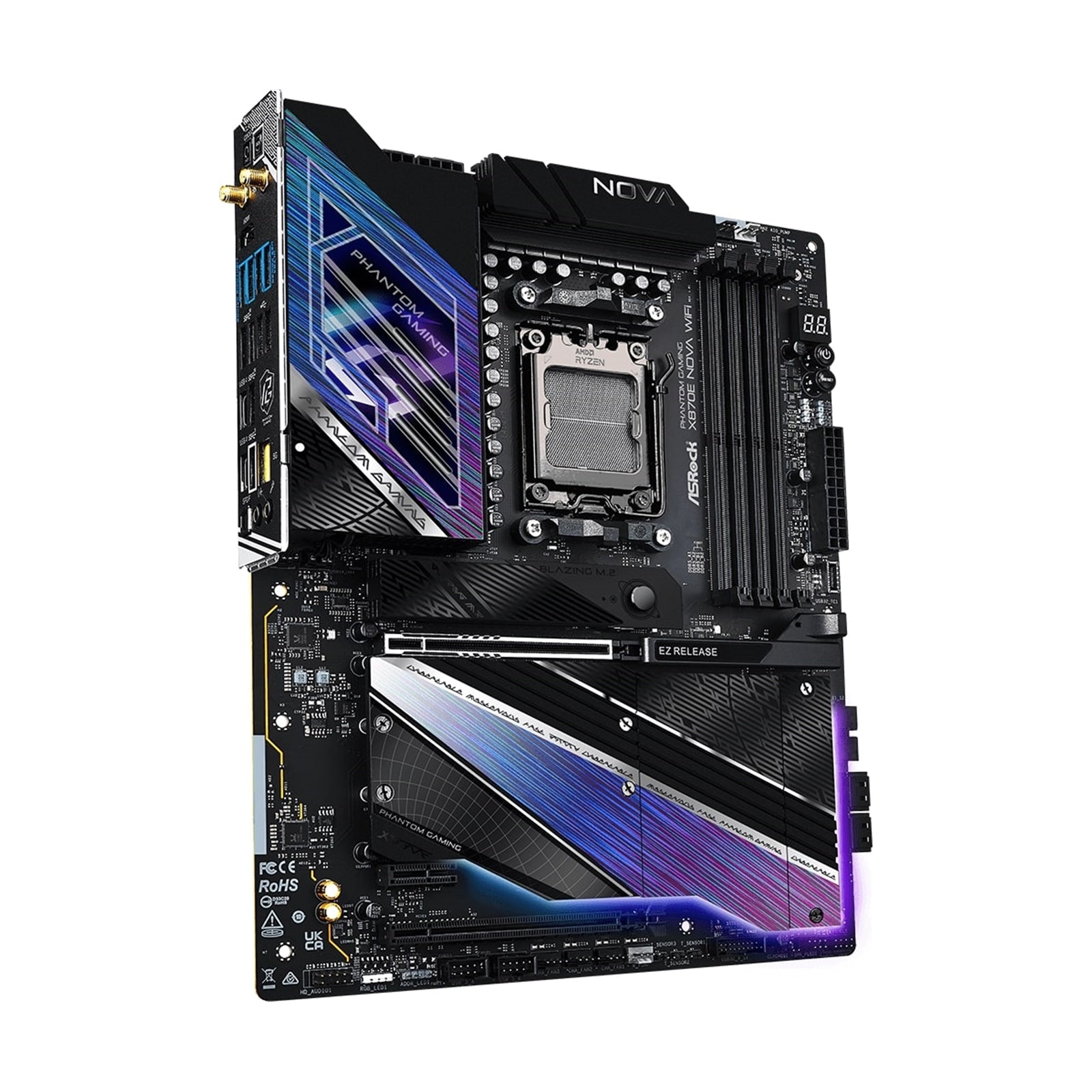 ASRock X870E NOVA WIFI PHANTOM GAMING AMD AM5 Socket Motherboard, ATX, 4x DDR5 Slots, 5x M.2 Sockets, 3x USB-C Port, Fitted I/O Shield, 5GbE LAN, Wi-Fi 7, 1x HDMI Port / 2x USB-C (USB4)