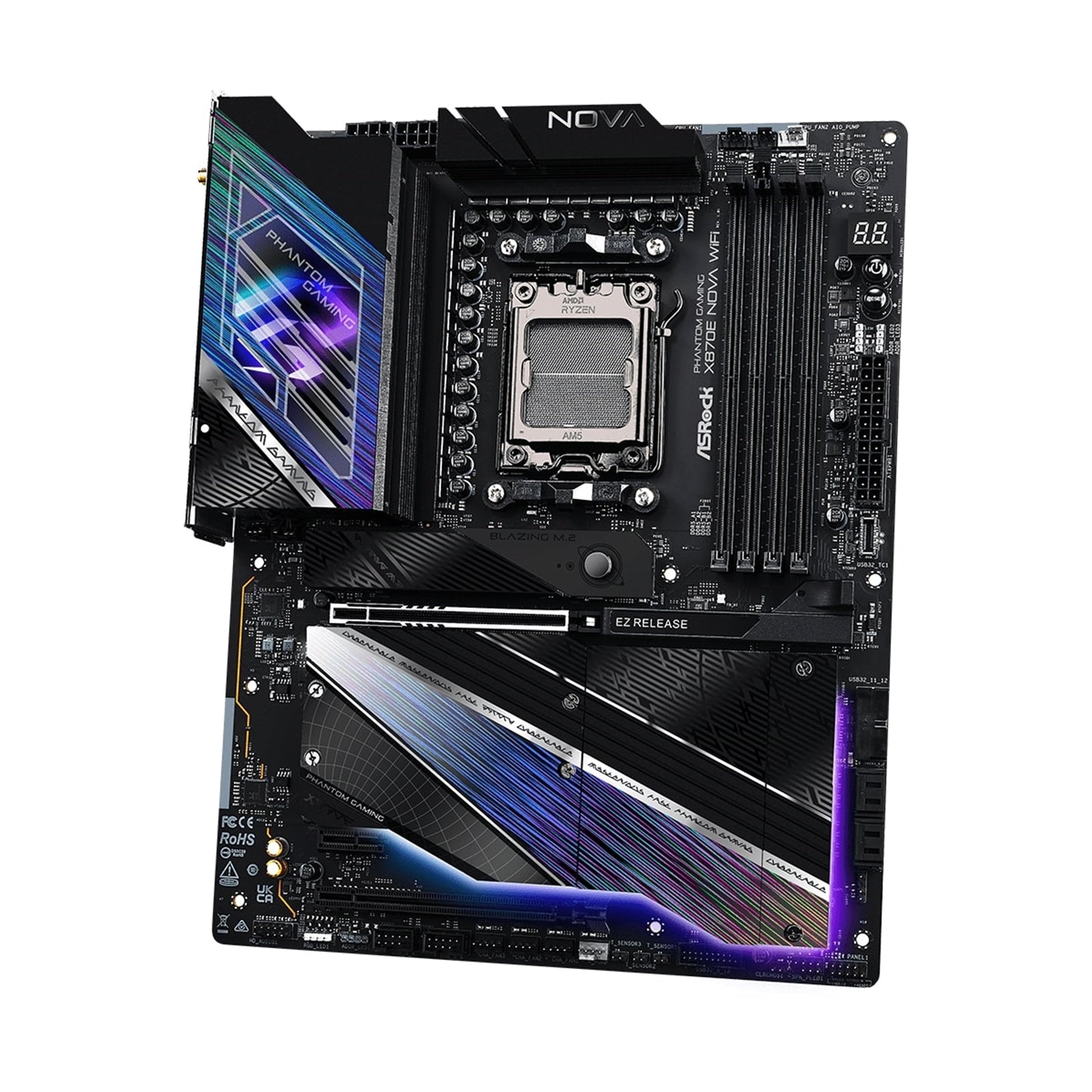 ASRock X870E NOVA WIFI PHANTOM GAMING AMD AM5 Socket Motherboard, ATX, 4x DDR5 Slots, 5x M.2 Sockets, 3x USB-C Port, Fitted I/O Shield, 5GbE LAN, Wi-Fi 7, 1x HDMI Port / 2x USB-C (USB4)