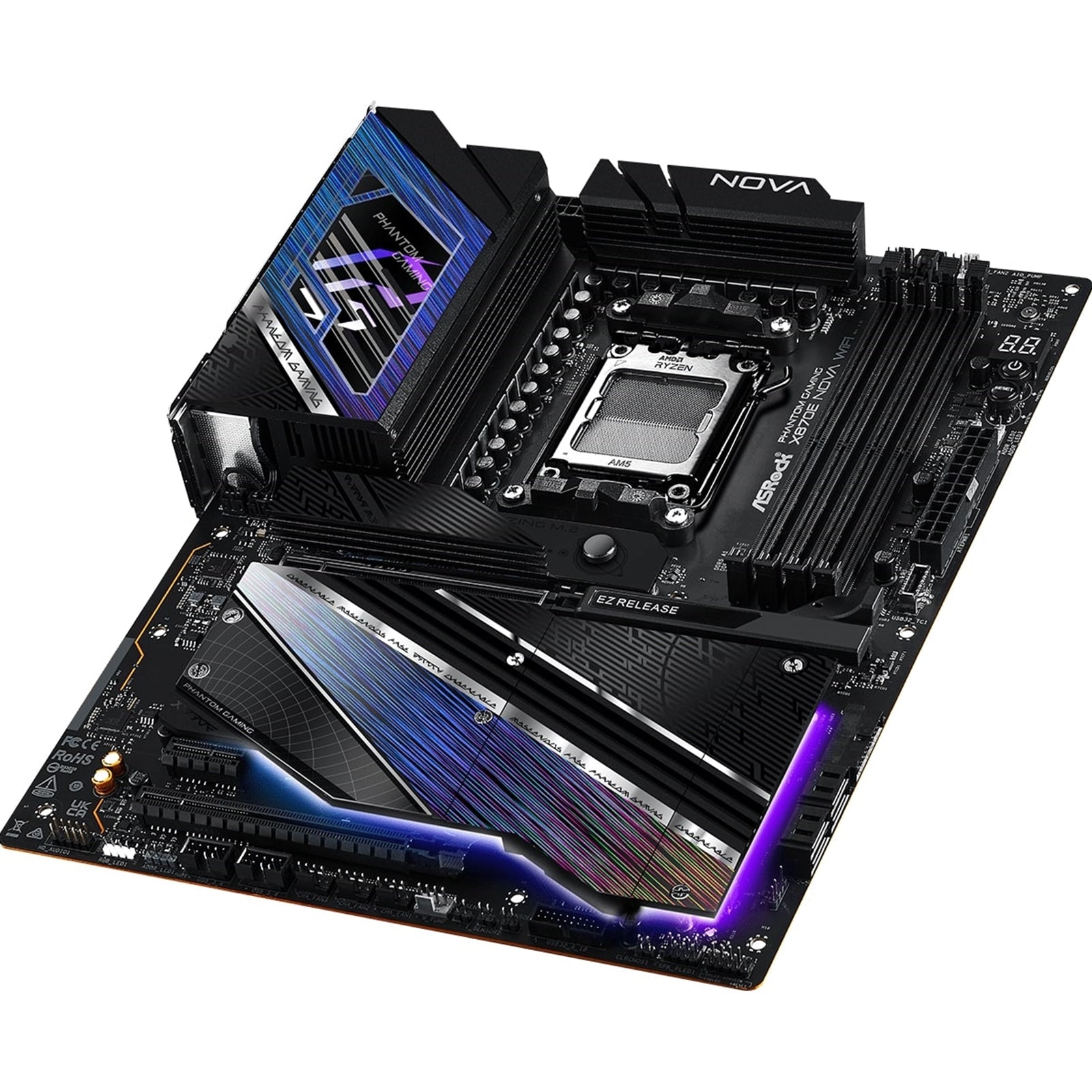 ASRock X870E NOVA WIFI PHANTOM GAMING AMD AM5 Socket Motherboard, ATX, 4x DDR5 Slots, 5x M.2 Sockets, 3x USB-C Port, Fitted I/O Shield, 5GbE LAN, Wi-Fi 7, 1x HDMI Port / 2x USB-C (USB4)