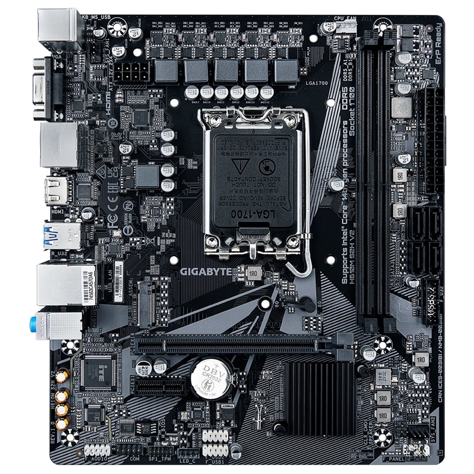 Gigabyte H610M S2H V2 Intel 1700 Socket Motherboard, Micro-ATX, 2x DDR5 Slots, 1x M.2 Socket, GbE LAN, 1x D-Sub / 2x DisplayPorts / 1x HDMI Port