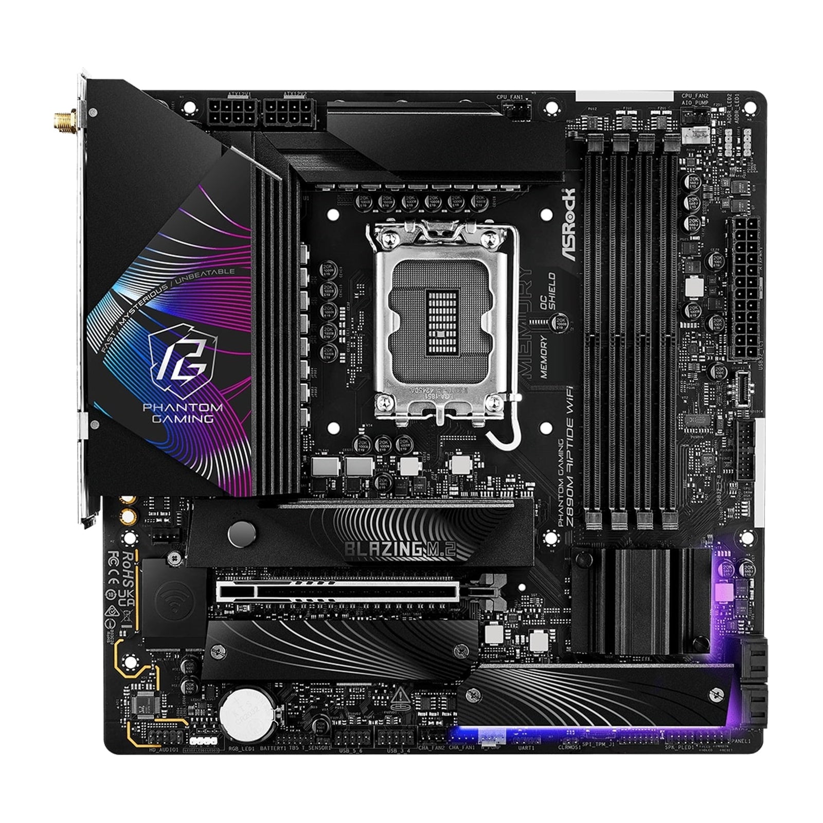 ASRock Z890M RIPTIDE WIFI PHANTOM GAMING Intel 1851 Socket Motherboard, Micro-ATX, 4x DDR5 Slots, 3x M.2 Sockets, 3x USB-C Port, Fitted I/O Shield, 2.5GbE LAN, Wi-Fi 6E, 1x DisplayPort / 1x HDMI / 2x USB-C (USB4)