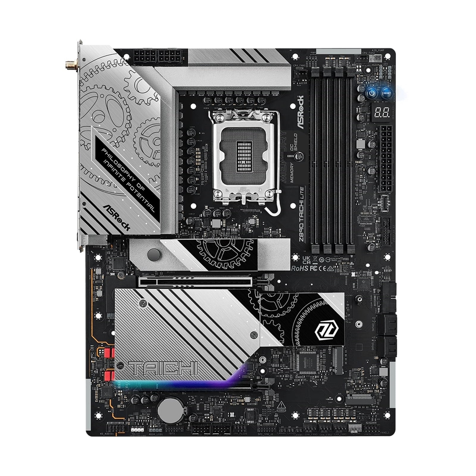 ASRock Z890 TAICHI LITE Intel 1851 Socket Motherboard, ATX, 4x DDR5 Slots, 6x M.2 Sockets, 3x USB-C Port, Fitted I/O Shield, 5GbE LAN, Wi-Fi 7, 1x HDMI Port / 2x USB-C (USB4)