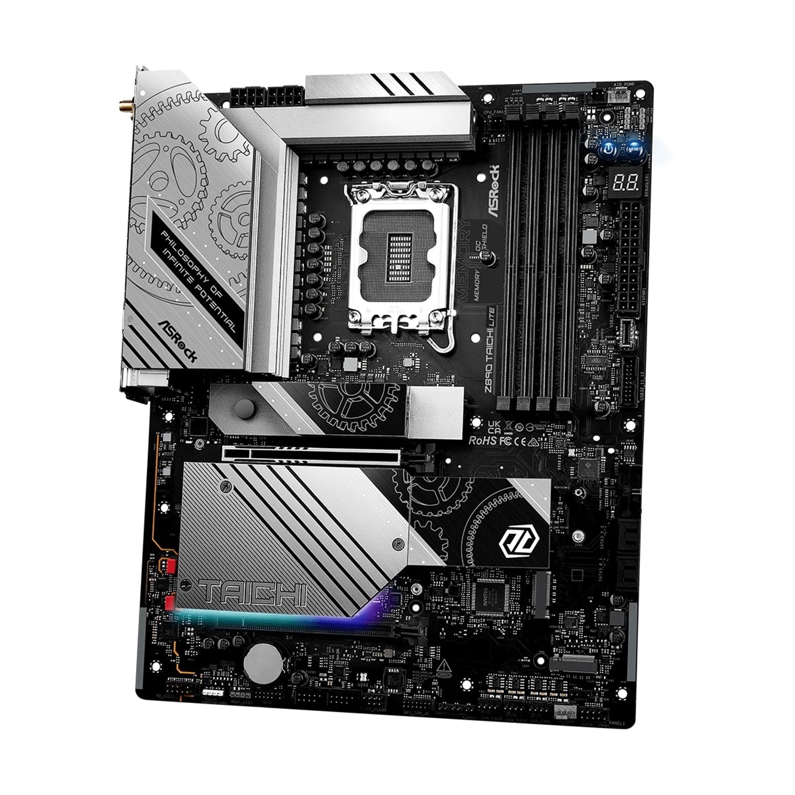 ASRock Z890 TAICHI LITE Intel 1851 Socket Motherboard, ATX, 4x DDR5 Slots, 6x M.2 Sockets, 3x USB-C Port, Fitted I/O Shield, 5GbE LAN, Wi-Fi 7, 1x HDMI Port / 2x USB-C (USB4)