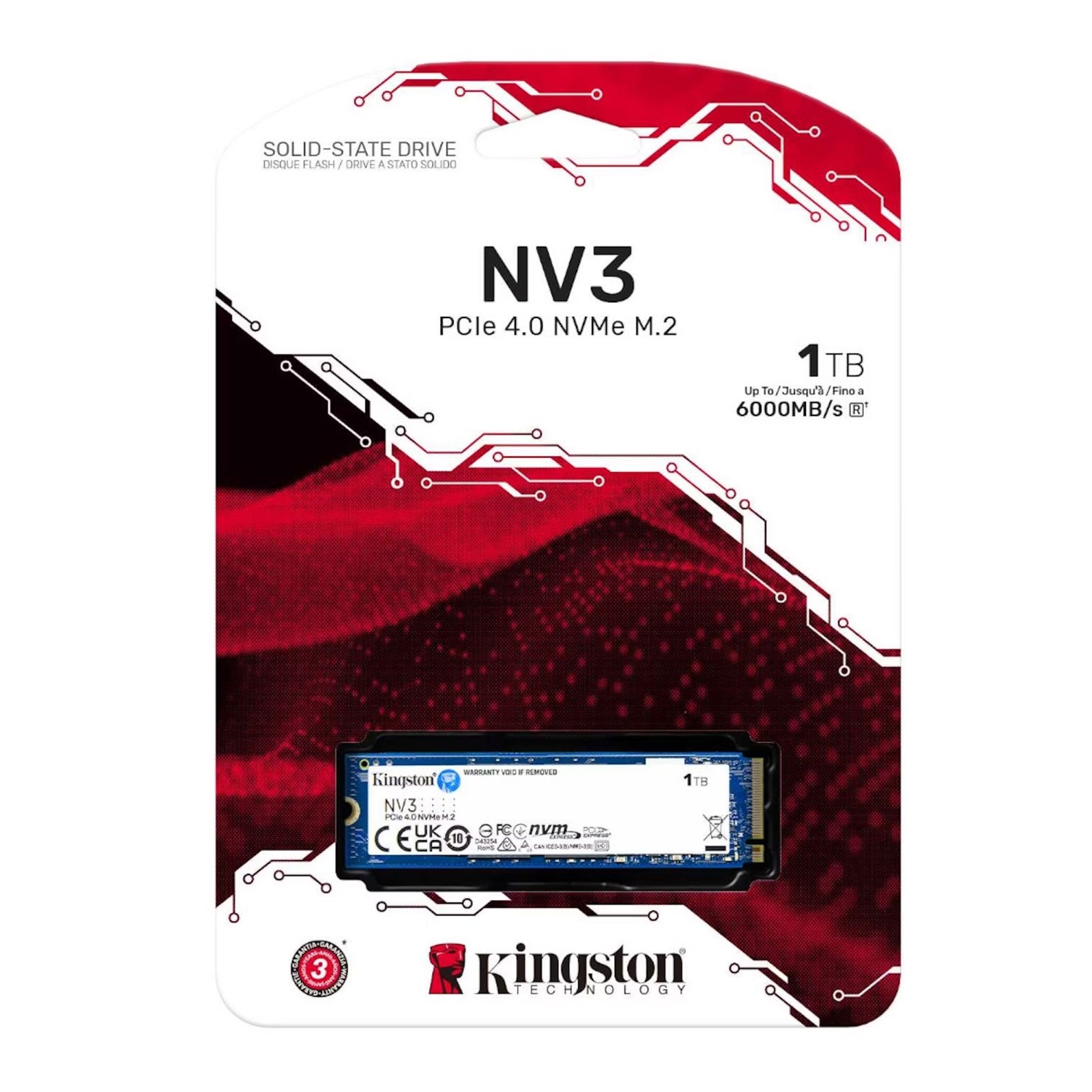 Kingston NV3 (SNV3S/1000G) 1TB NVMe SSD, M.2 Interface, PCIe Gen4, 2280, Read 6000 MB/s, Write 4000 MB/s, 3 Year Warranty