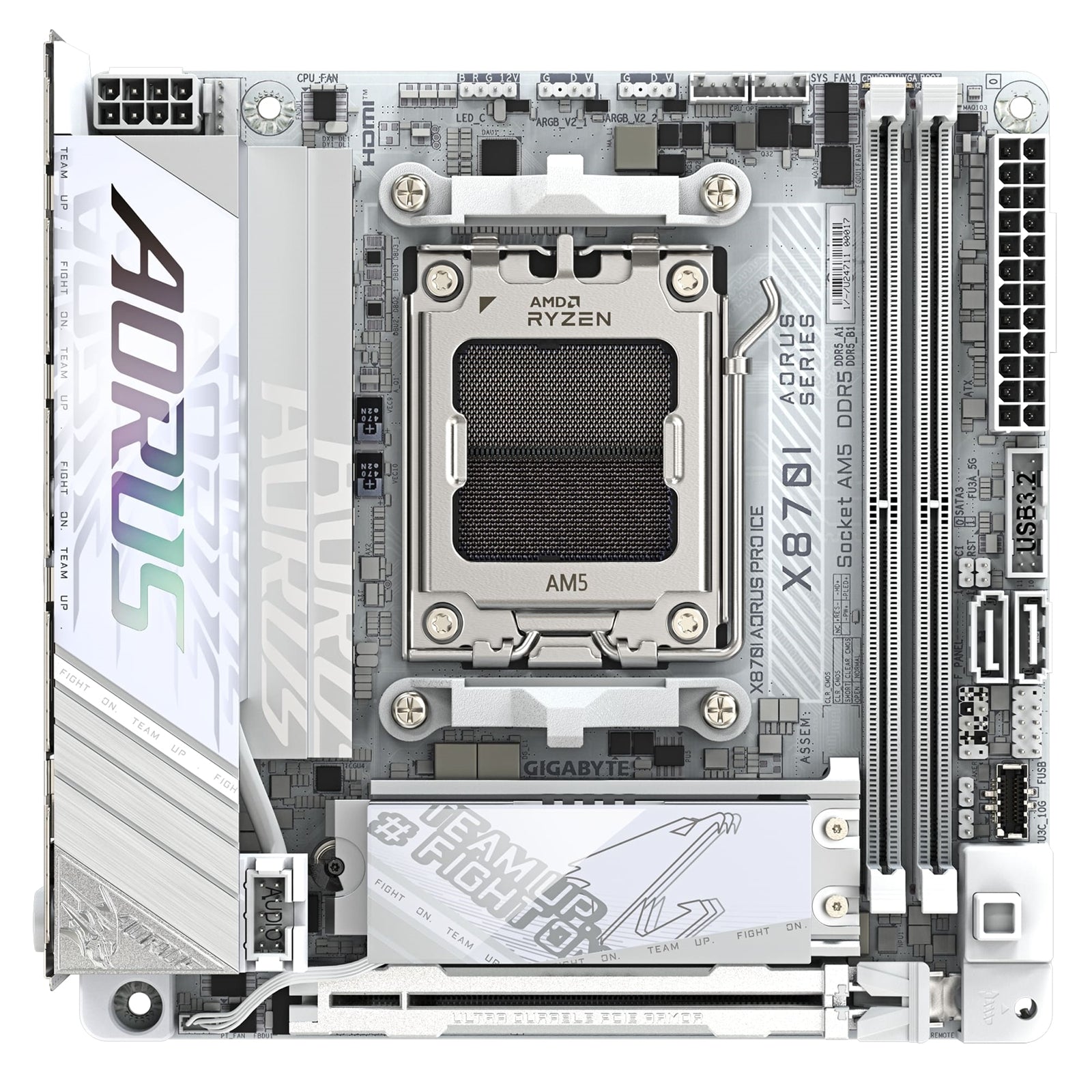 Gigabyte X870I AORUS PRO ICE AMD AM5 Socket Motherboard, Mini-ITX, 2x DDR5 Slots, 2x M.2 Sockets, 3x USB-C Port, Fitted I/O Shield, 2.5GbE LAN, Wi-Fi 7, 1x HDMI Port / 1x USB-C (USB4)