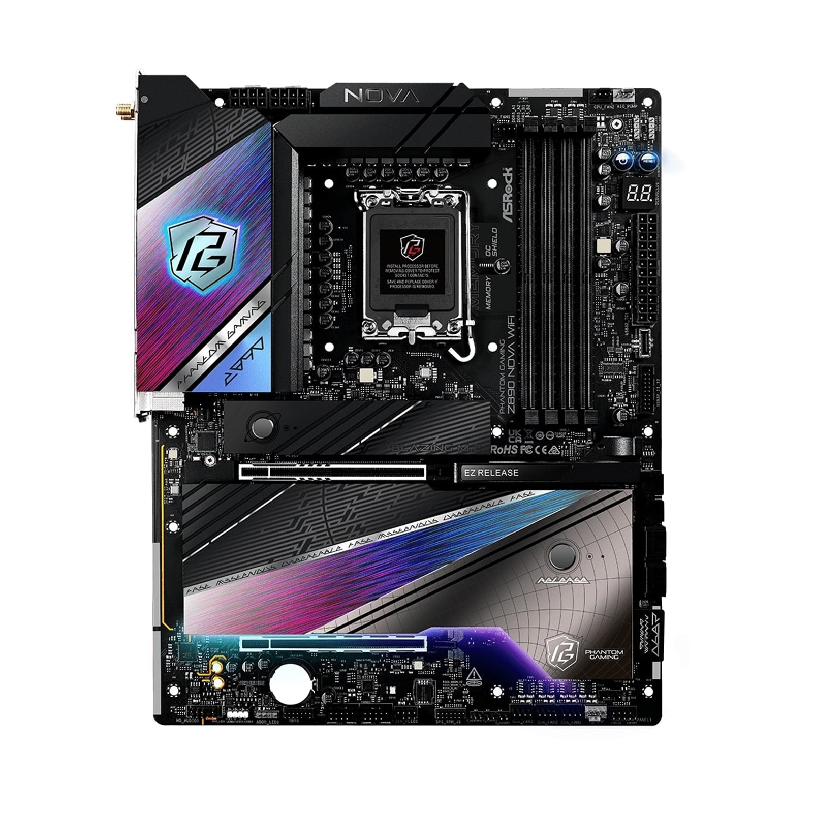 ASRock Z890 NOVA WIFI PHANTOM GAMING Intel 1851 Socket Motherboard, ATX, 4x DDR5 Slots, 6x M.2 Sockets, 3x USB-C Port, Fitted I/O Shield, 2.5GbE LAN, Wi-Fi 7, 1x HDMI Port / 2x USB-C (USB4)