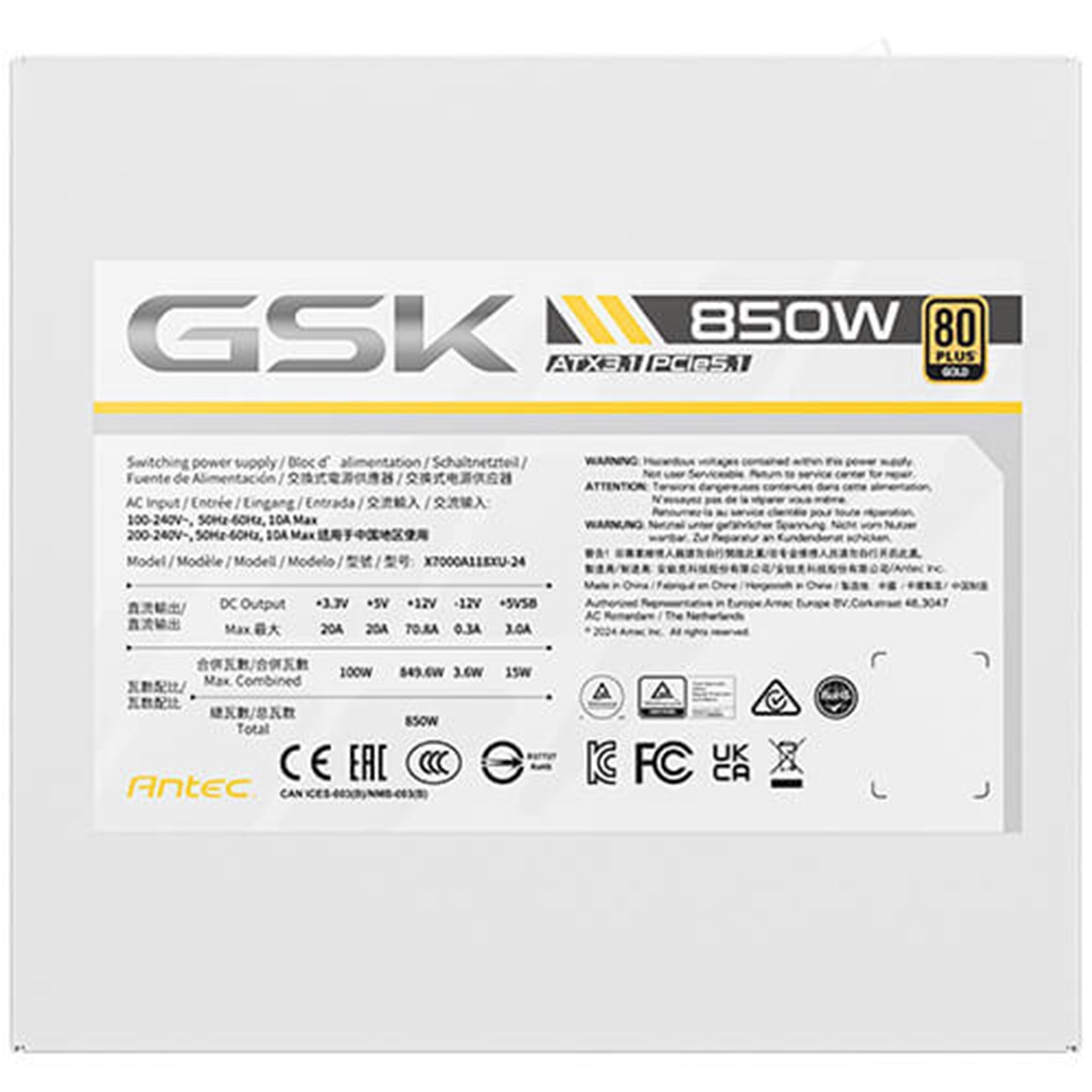 Antec GSK ATX3.1 850W Power Supply, White,80 PLUS Gold, Full Modular, PCIe 5.1, JP Capacitors, Silent FDB Fan, CircuitShield Protection