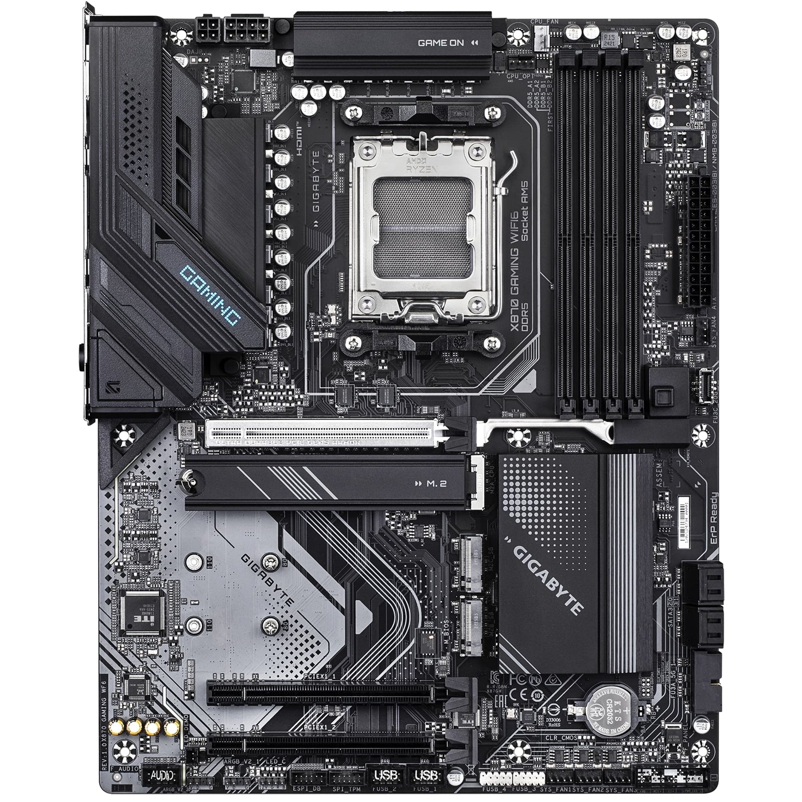 Gigabyte X870 GAMING WIFI6 AMD AM5 Socket Motherboard, ATX, 4x DDR5 Slots, 3x M.2 Sockets, 3x USB-C Port, Fitted I/O Shield, 2.5GbE LAN, Wi-Fi 6, 1x HDMI Port / 2x USB-C (USB4)