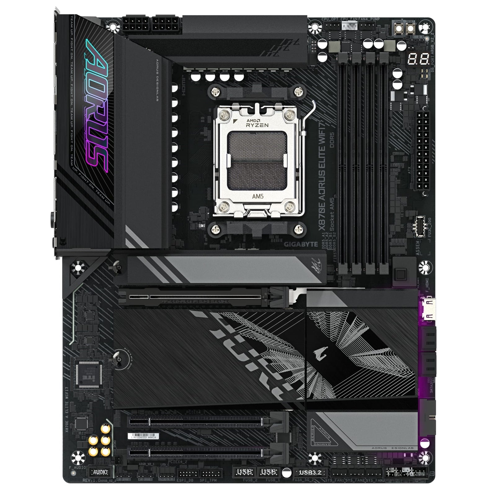 Gigabyte X870E AORUS ELITE WIFI7 AMD AM5 Socket Motherboard, ATX, 4x DDR5 Slots, 4x M.2 Sockets, 3x USB-C Port, Fitted I/O Shield, 2.5GbE LAN, Wi-Fi 7, 1x HDMI Port / 2x USB-C (USB4)