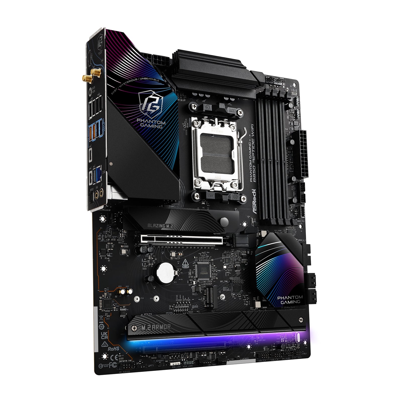 ASRock B850 Riptide WiFi PHANTOM GAMING AMD AM5 Socket Motherboard, ATX, 4x DDR5 Slots, 4x M.2 Sockets, 3x USB-C Port, Fitted I/O Shield, 2.5GbE LAN, Wi-Fi 7, 1x HDMI Port