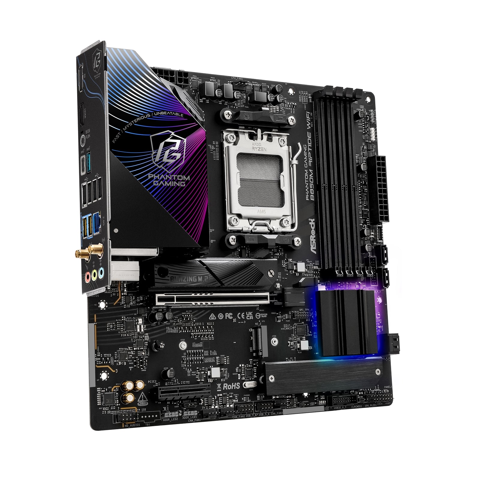 ASRock B850M Riptide WiFi PHANTOM GAMING AMD AM5 Socket Motherboard, Micro-ATX, 4x DDR5 Slots, 3x M.2 Sockets, 2x USB-C Port, Fitted I/O Shield, 2.5GbE LAN, Wi-Fi 7, 1x DisplayPort / 1x HDMI Port