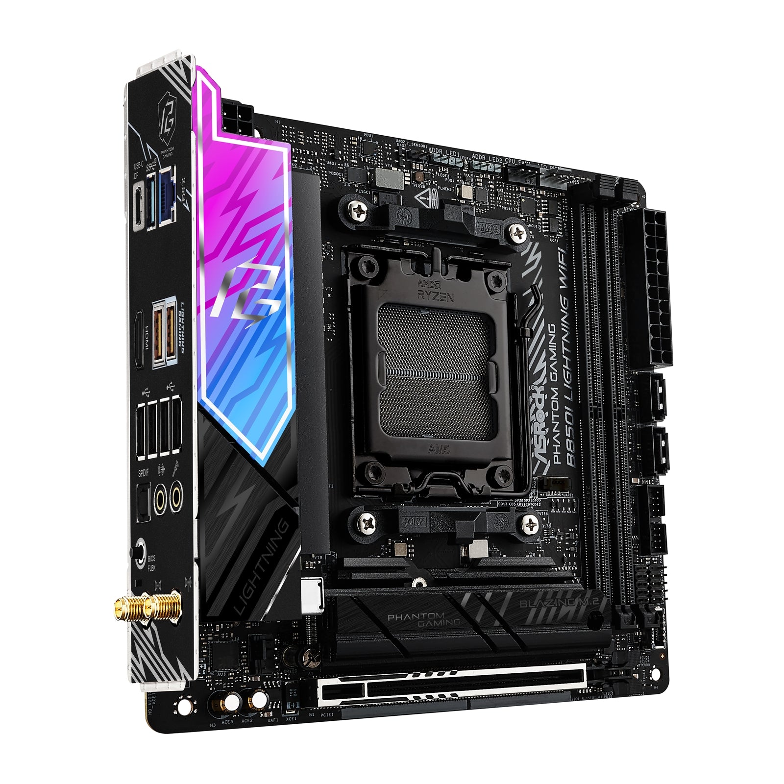 ASRock B850I Lightning WiFi PHANTOM GAMING AMD AM5 Socket Motherboard, Mini-ITX, 2x DDR5 Slots, 2x M.2 Sockets, 2x USB-C Port, Fitted I/O Shield, 2.5GbE LAN, Wi-Fi 6E, 1x HDMI Port / 1x USB-C