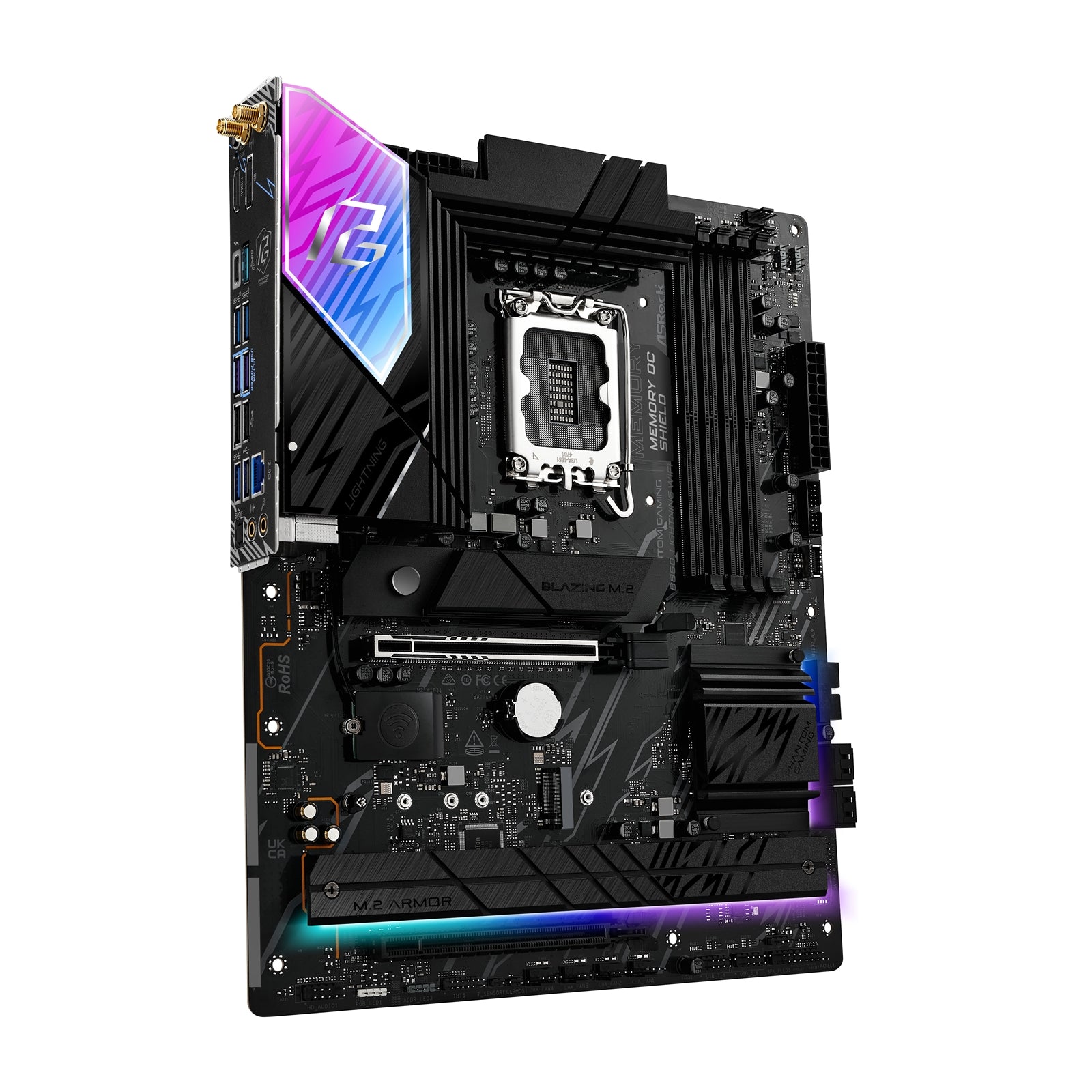 ASRock B860 Lightning WiFi PHANTOM GAMING Intel 1851 Socket Motherboard, ATX, 4x DDR5 Slots, 4x M.2 Sockets, 2x USB-C Port, Fitted I/O Shield, 2.5GbE LAN, Wi-Fi 6E, 1x DisplayPort / 1x HDMI / 1x USB-C (USB4)