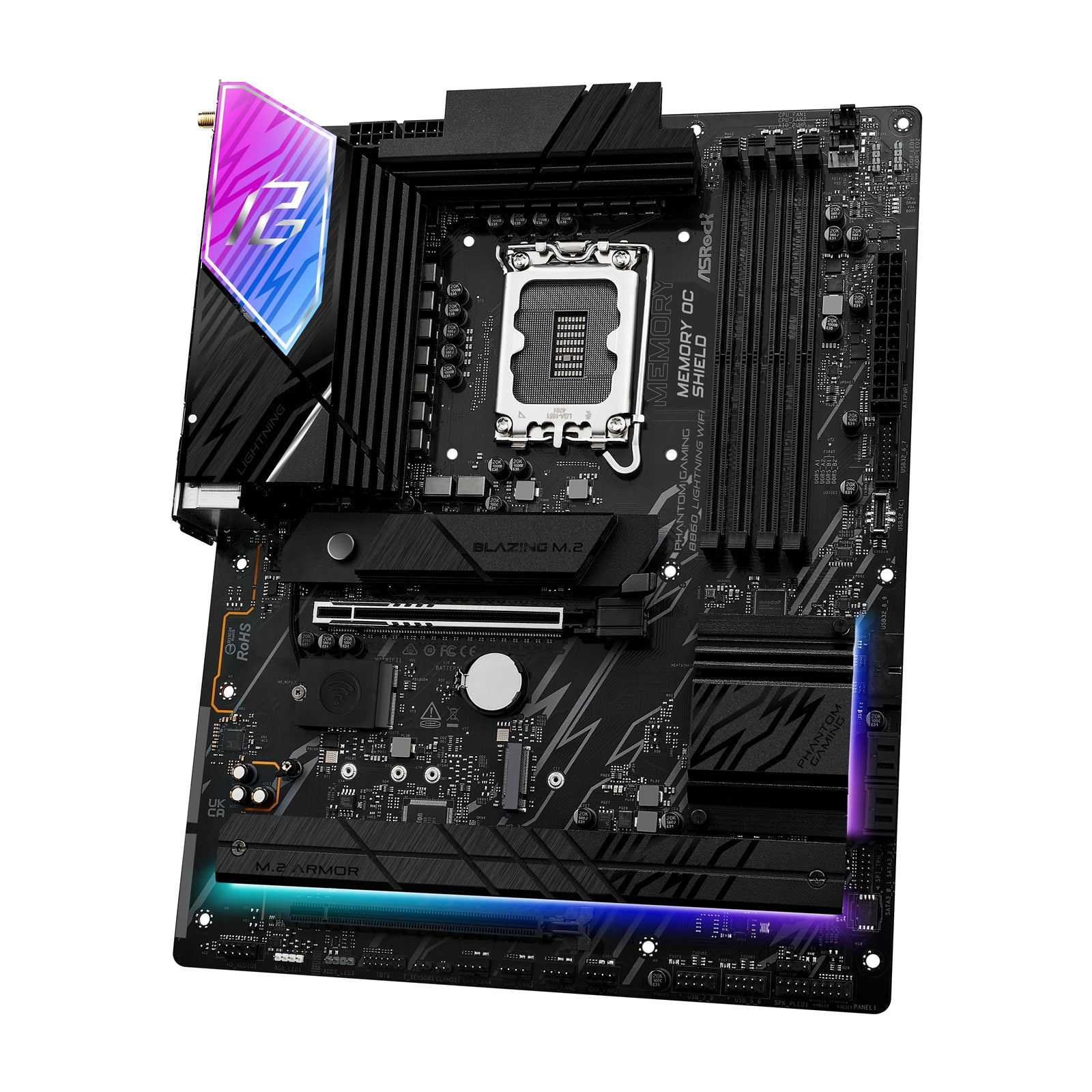 ASRock B860 Lightning WiFi PHANTOM GAMING Intel 1851 Socket Motherboard, ATX, 4x DDR5 Slots, 4x M.2 Sockets, 2x USB-C Port, Fitted I/O Shield, 2.5GbE LAN, Wi-Fi 6E, 1x DisplayPort / 1x HDMI / 1x USB-C (USB4)