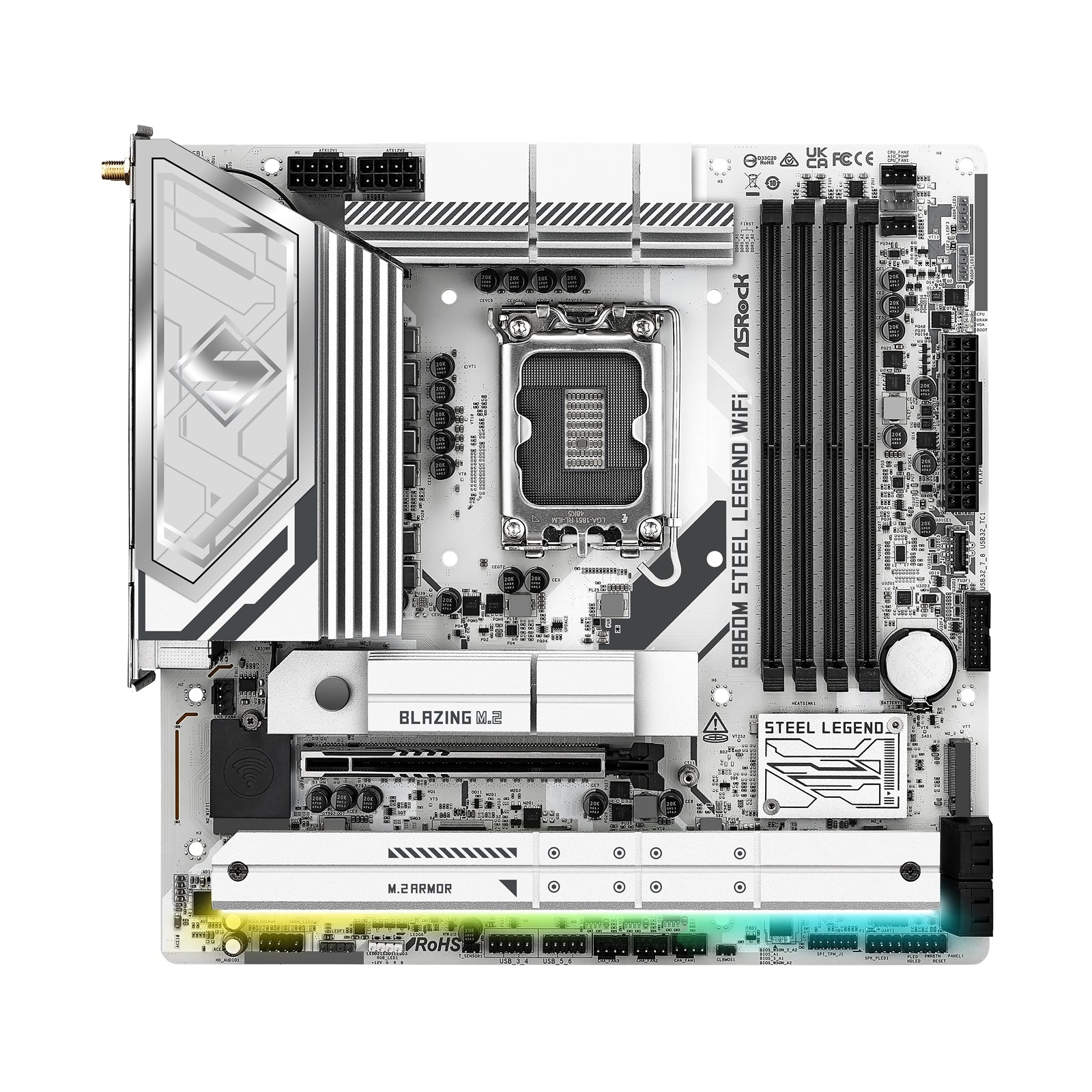 ASRock B860M Steel Legend WiFi Intel 1851 Socket Motherboard, Micro-ATX, 4x DDR5 Slots, 4x M.2 Sockets, 2x USB-C Port, Fitted I/O Shield, 2.5GbE LAN, Wi-Fi 6E, 1x DisplayPort / 1x HDMI / 1x USB-C (USB4)