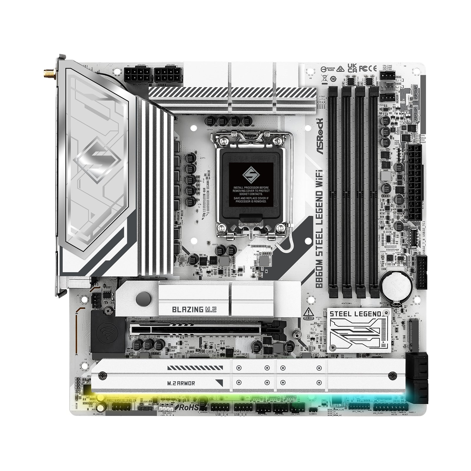 ASRock B860M Steel Legend WiFi Intel 1851 Socket Motherboard, Micro-ATX, 4x DDR5 Slots, 4x M.2 Sockets, 2x USB-C Port, Fitted I/O Shield, 2.5GbE LAN, Wi-Fi 6E, 1x DisplayPort / 1x HDMI / 1x USB-C (USB4)