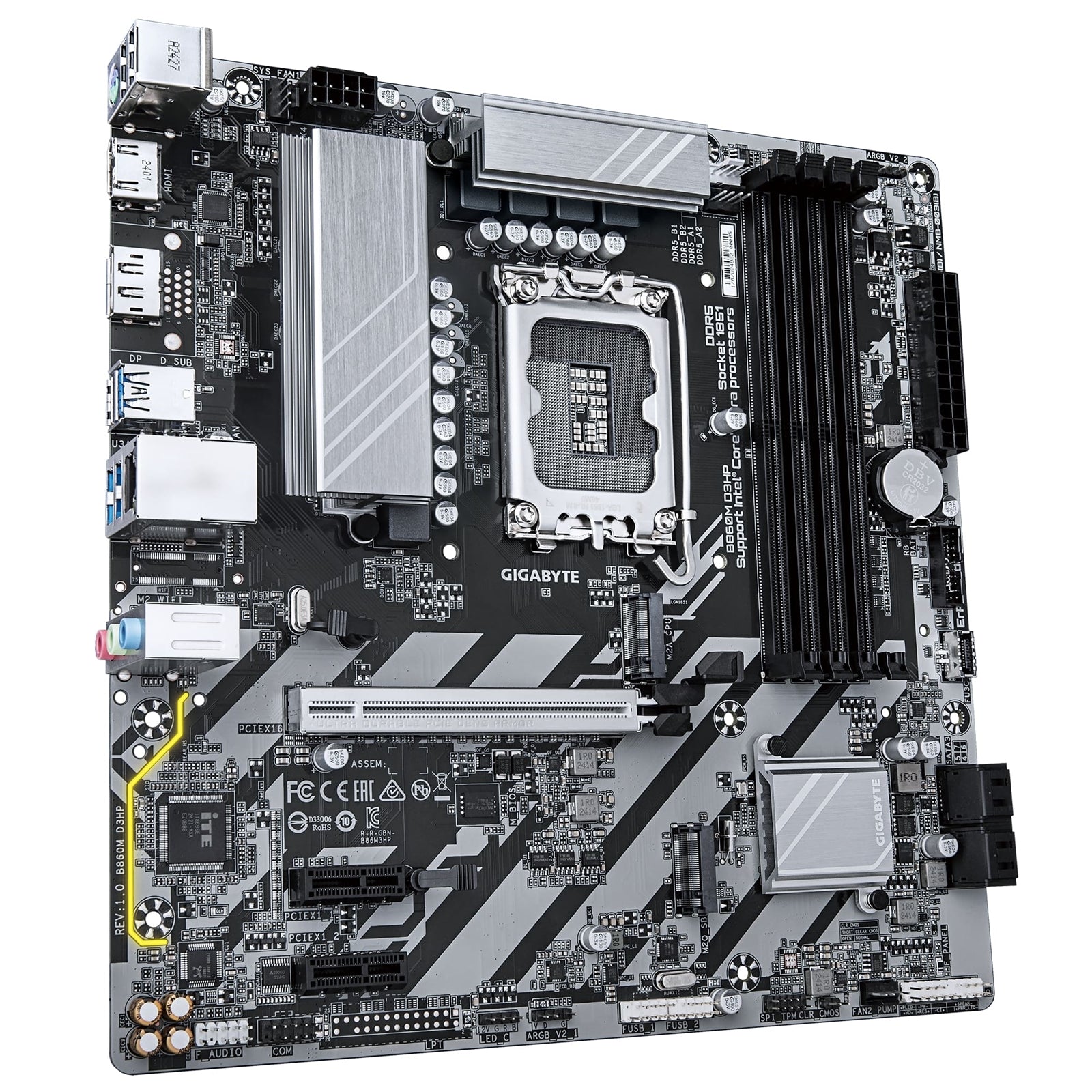 Gigabyte B860M D3HP Intel 1851 Socket Motherboard, Micro-ATX, 4x DDR5 Slots, 2x M.2 Sockets, 1x USB-C Port, GbE LAN, 1x DisplayPort / 1x HDMI Port