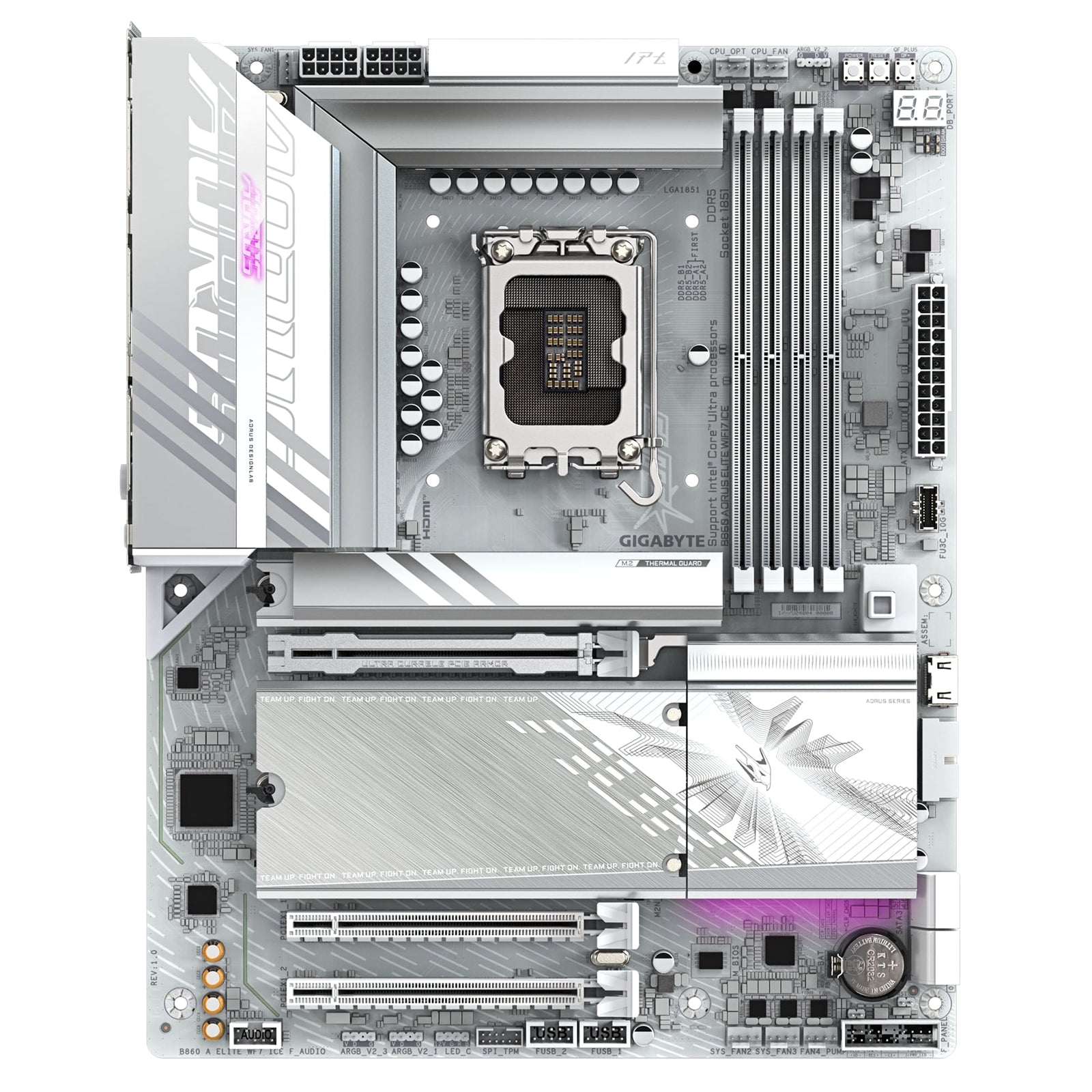 Gigabyte B860 AORUS ELITE WIFI7 ICE Intel 1851 Socket Motherboard, ATX, 4x DDR5 Slots, 3x M.2 Sockets, 2x USB-C Port, Fitted I/O Shield, 2.5GbE LAN, Wi-Fi 7, 1x DisplayPort / 2x HDMI / 1x USB-C (USB4)