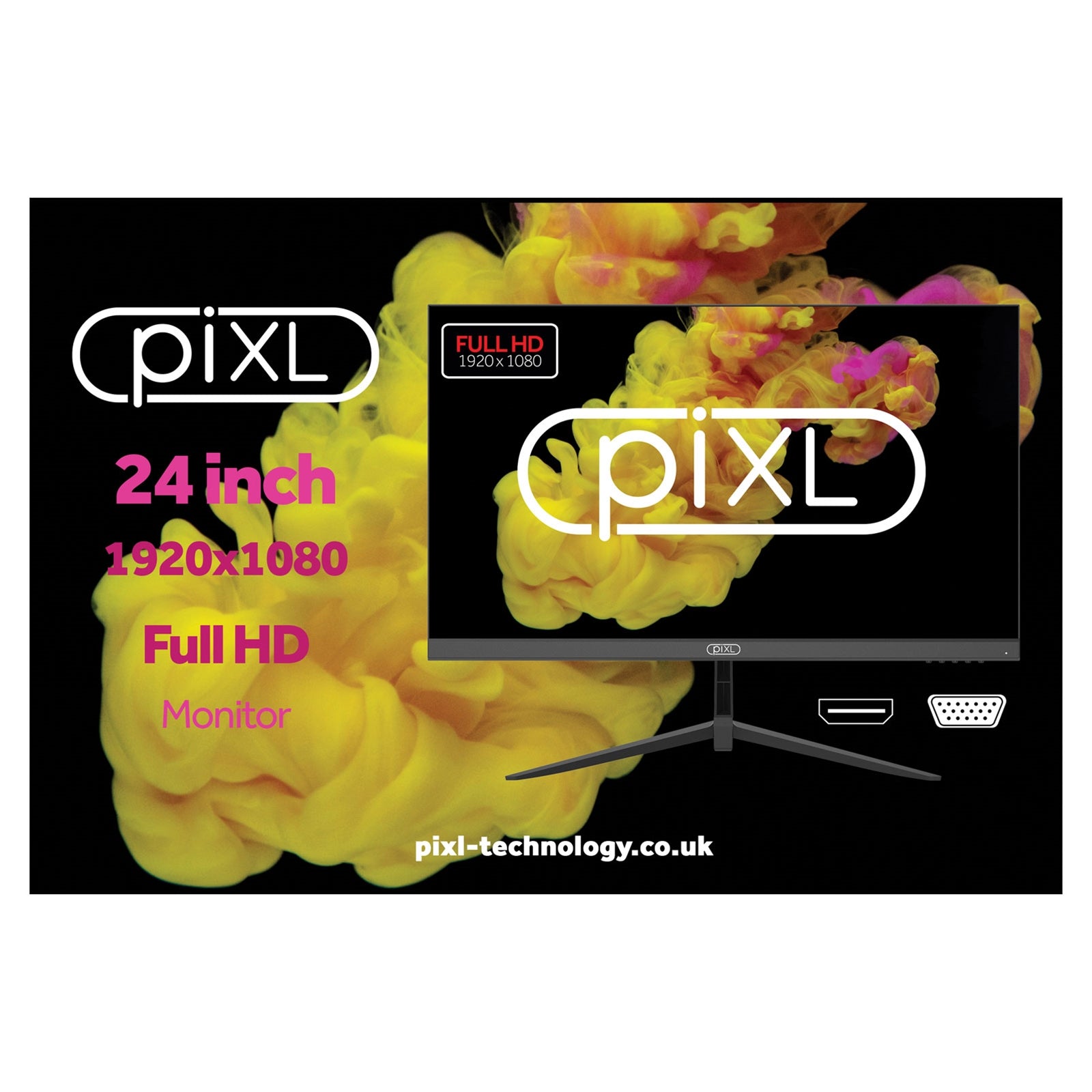 piXL PX24IVHFPD 24 Inch Frameless Monitor, Widescreen IPS LCD Panel, 5ms Response Time, 100Hz Refresh Rate, Full HD 1920 x 1080, VGA, HDMI, 16.7 Million Colour Support, Black Finish, 3 Year Warranty