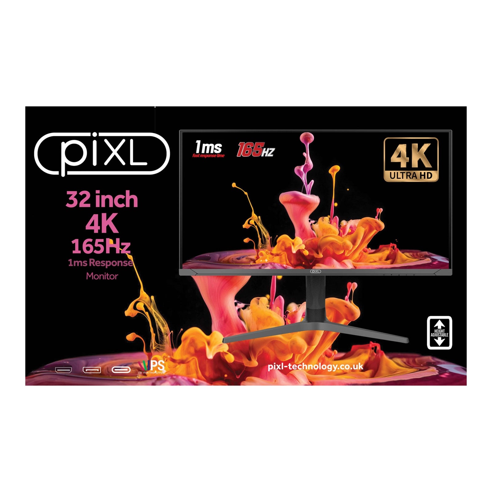 piXL CM32G7 32 Inch 4K IPS Monitor, 165Hz, 1ms, Frameless, Freesync, G-Sync, HDMI, DisplayPort, USB-C, USB-A x 2 With Audio Port, Black, RGB Lighting, VESA Mount, Height Adjustable, 3 Year Warranty