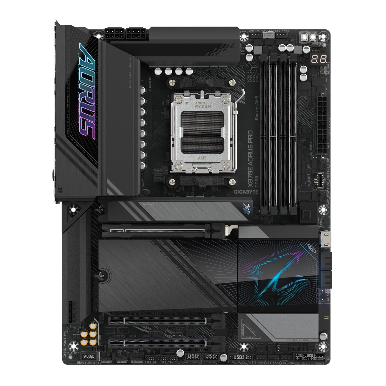 Gigabyte X870E AORUS PRO AMD AM5 Socket Motherboard, ATX, 4x DDR5 Slots, 4x M.2 Sockets, 3x USB-C Port, Fitted I/O Shield, 2.5GbE LAN, Wi-Fi 7, 2x HDMI Port / 2x USB-C (USB4)