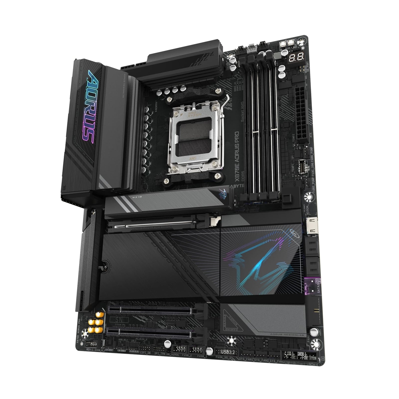 Gigabyte X870E AORUS PRO AMD AM5 Socket Motherboard, ATX, 4x DDR5 Slots, 4x M.2 Sockets, 3x USB-C Port, Fitted I/O Shield, 2.5GbE LAN, Wi-Fi 7, 2x HDMI Port / 2x USB-C (USB4)