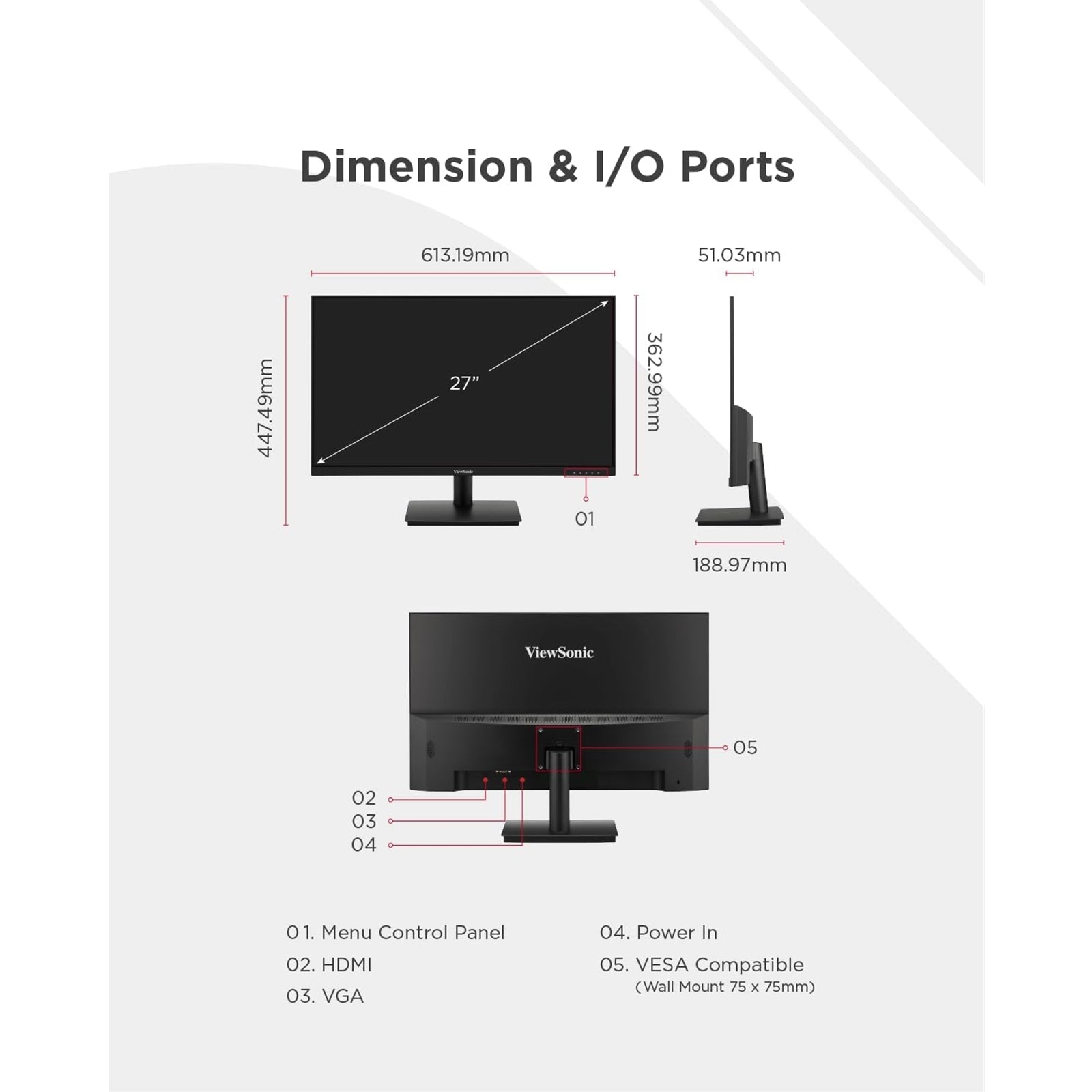 Viewsonic VA270-H 27-Inch Full HD IPS Monitor, 1920x1080 resolution, 100Hz, Freesync, HDMI, VGA, 1ms, VESA