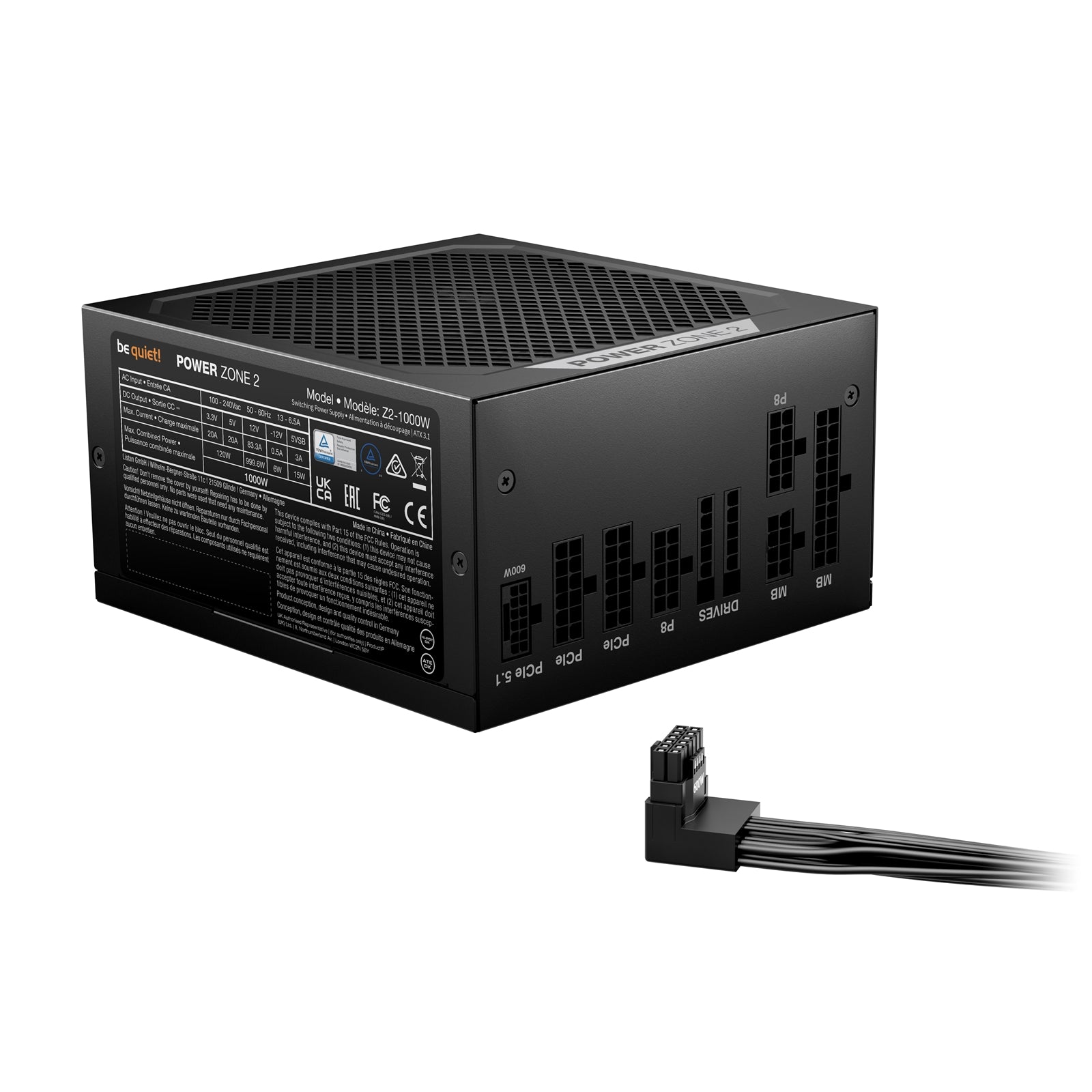 be quiet! Power Zone 2 1000W PSU - 80 PLUS Platinum, Semi-Passive Cooling, Pure Wings 3 Fan, PCIe 5.1/ATX 3.1 Compatibility, 10-Year Warranty