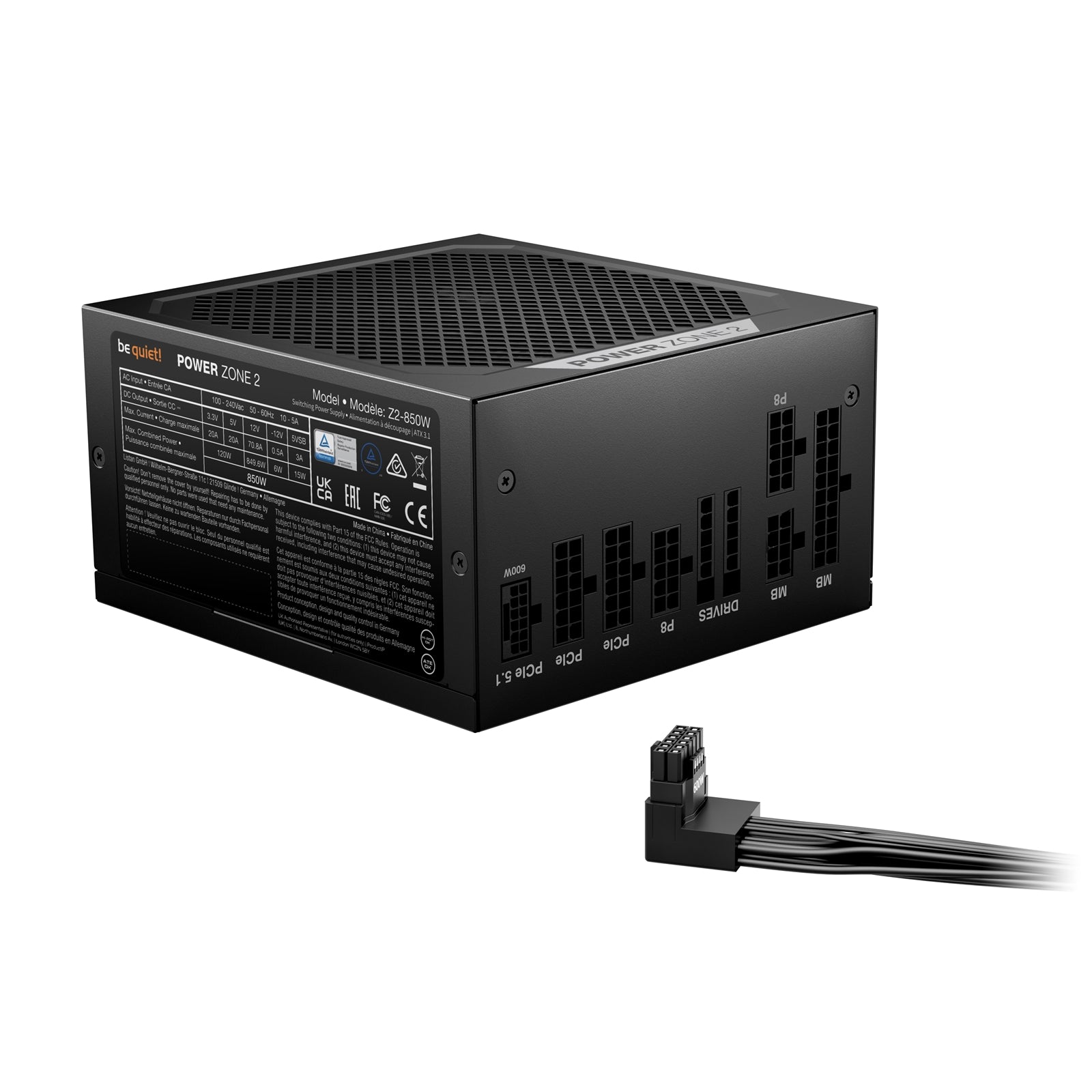 be quiet! Power Zone 2 850W PSU - 80 PLUS Platinum, Semi-Passive Cooling, Pure Wings 3 Fan, PCIe 5.1/ATX 3.1 Compatibility, 10-Year Warranty