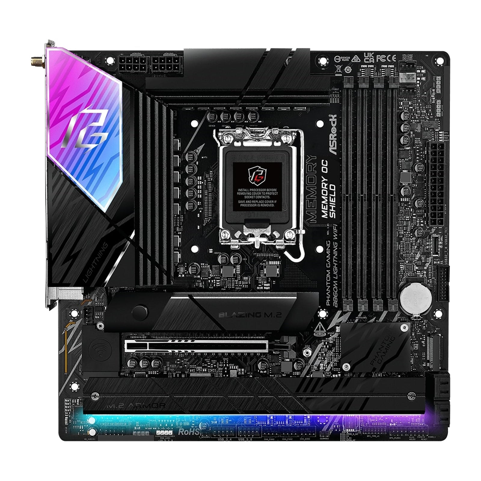 ASRock B860M Lightning WiFi PHANTOM GAMING Intel 1851 Socket Motherboard, Micro-ATX, 4x DDR5 Slots, 4x M.2 Sockets, 2x USB-C Port, Fitted I/O Shield, 2.5GbE LAN, Wi-Fi 6E, 1x DisplayPort / 1x HDMI / 1x USB-C (USB4)