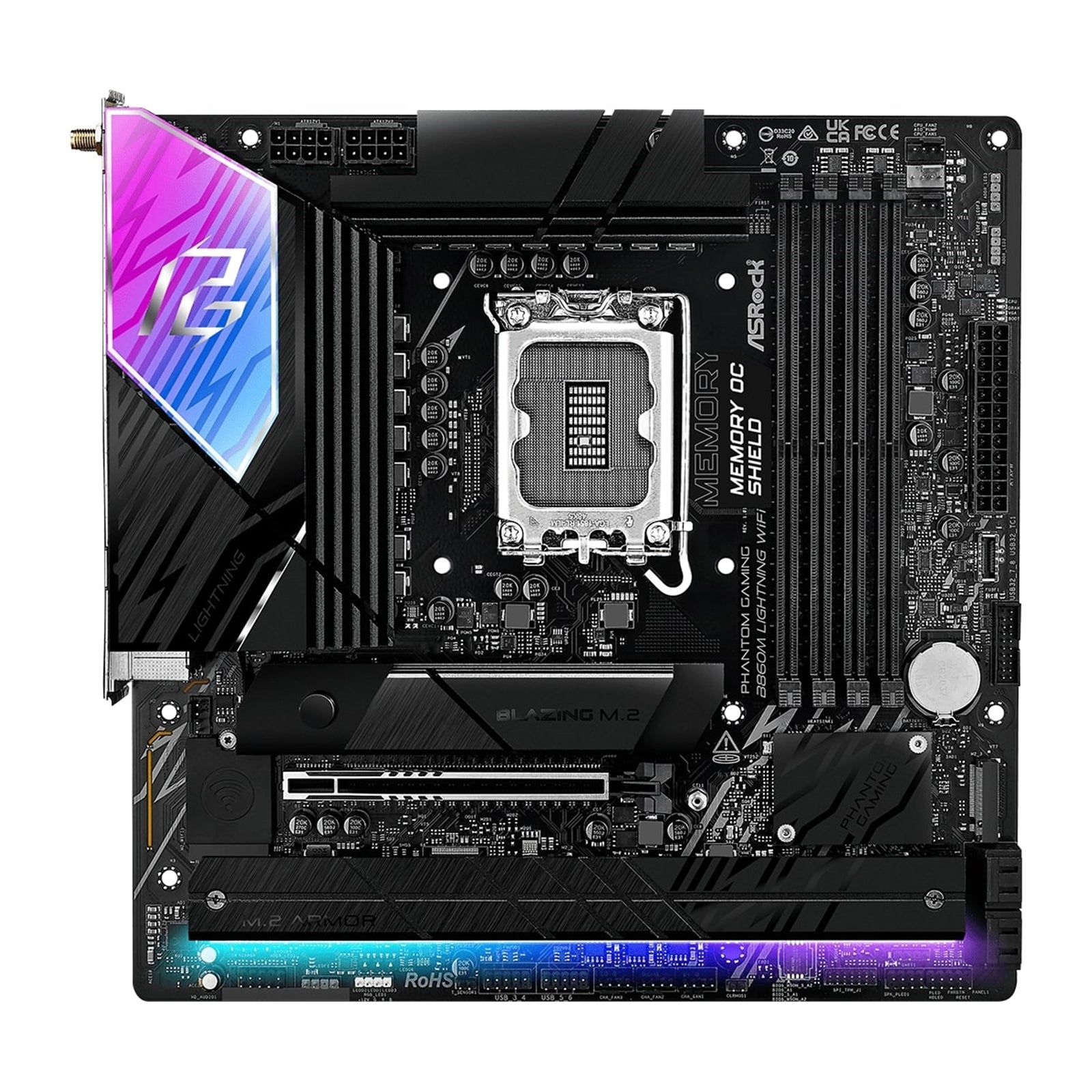 ASRock B860M Lightning WiFi PHANTOM GAMING Intel 1851 Socket Motherboard, Micro-ATX, 4x DDR5 Slots, 4x M.2 Sockets, 2x USB-C Port, Fitted I/O Shield, 2.5GbE LAN, Wi-Fi 6E, 1x DisplayPort / 1x HDMI / 1x USB-C (USB4)